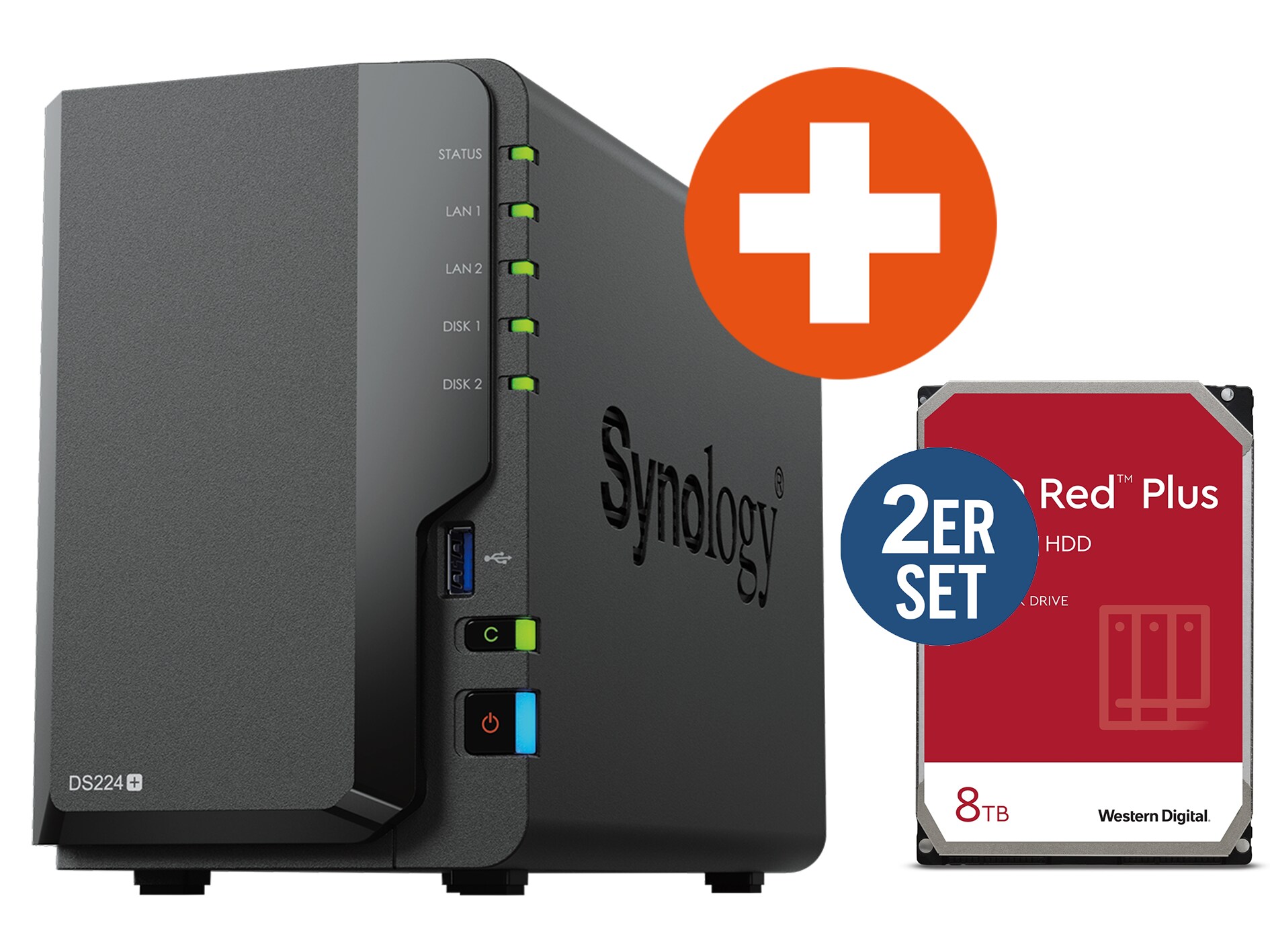 Synology Diskstation DS224+ NAS System 2-Bay inkl. 2x 8 TB WD Red Plus WD80EFZZ