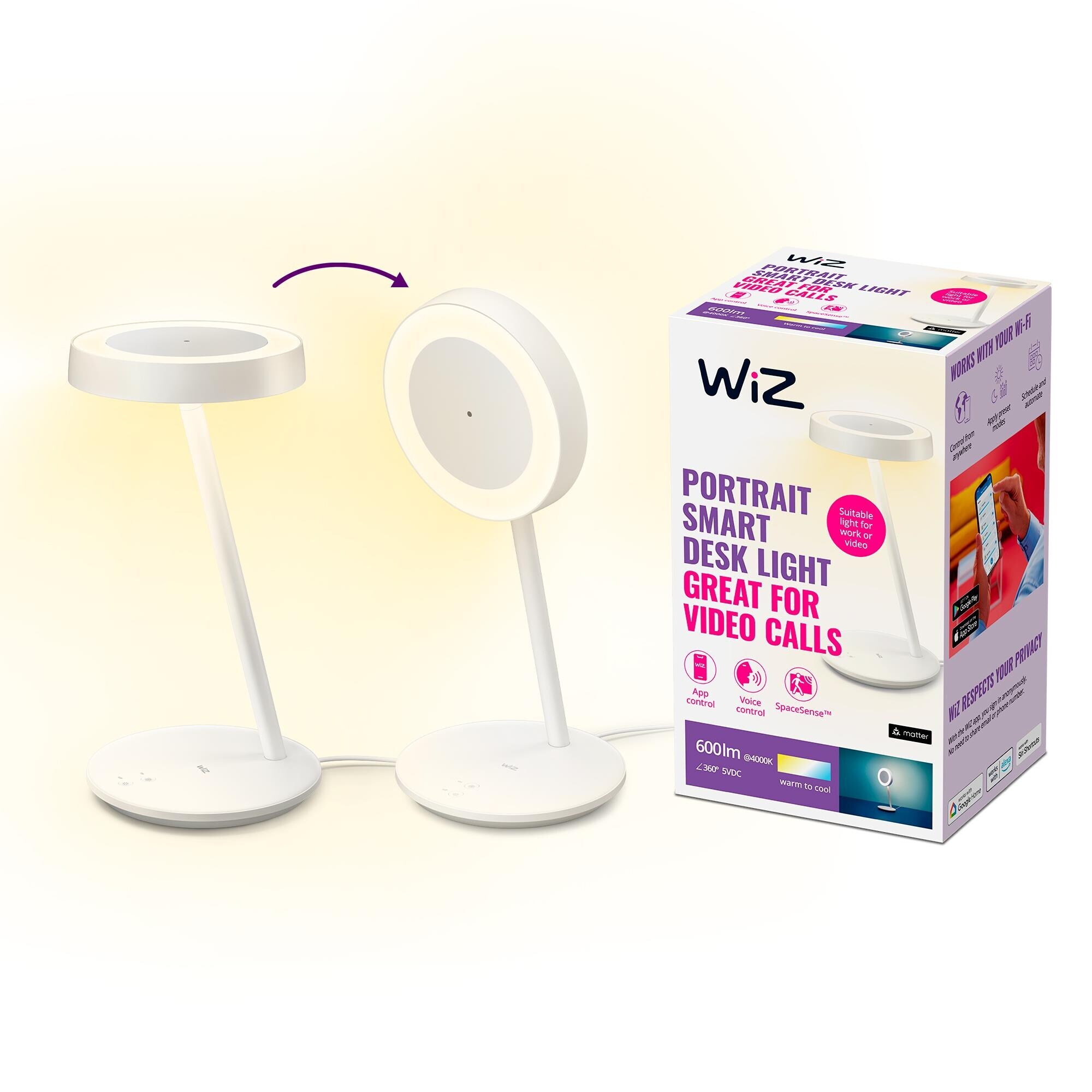 WiZ Portrait, smarte Home Office Tischleuchte mit Ringlicht