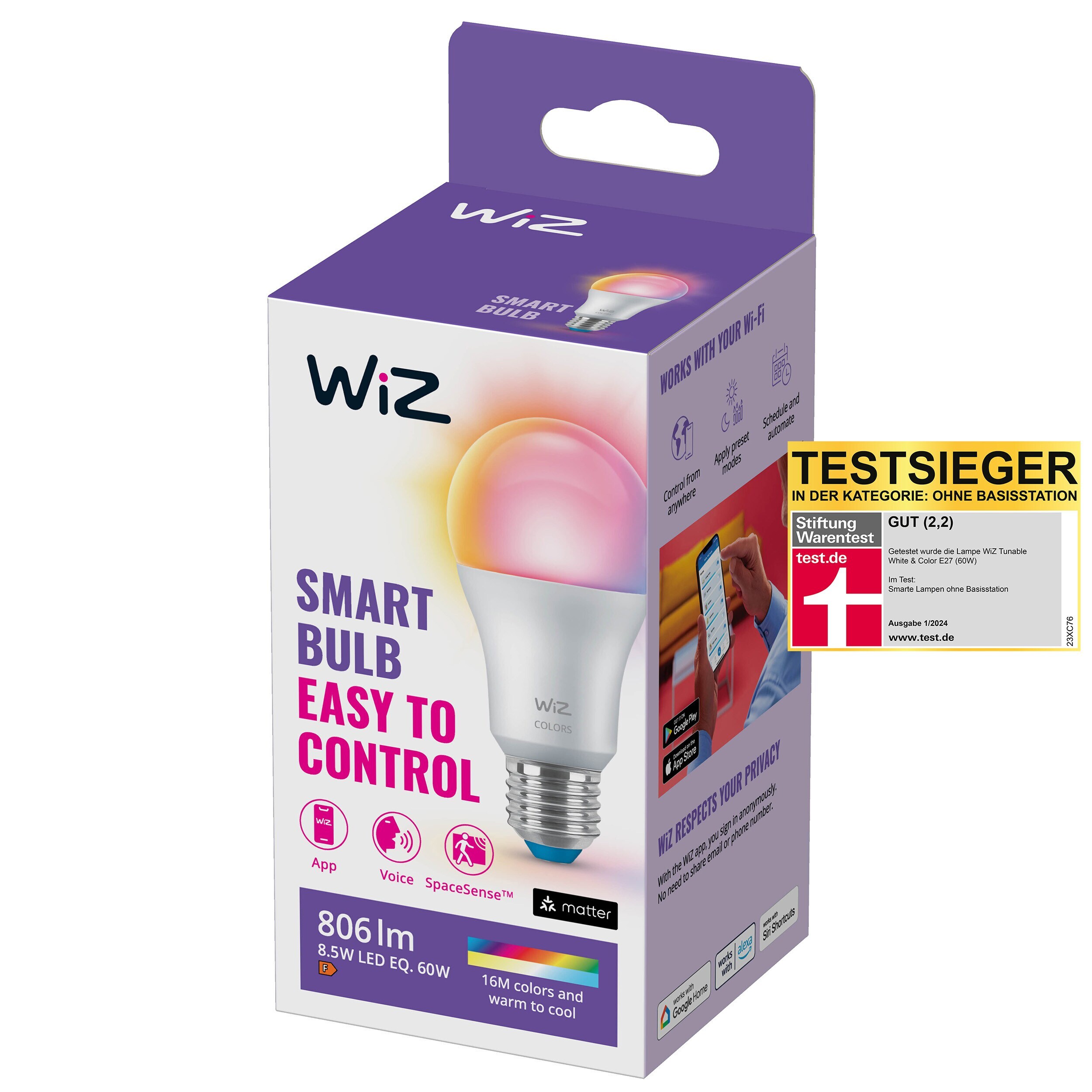 WiZ 60W E27 Standardform Tunable White &amp; Color Einzelpack Testsieger StiWa 01/24