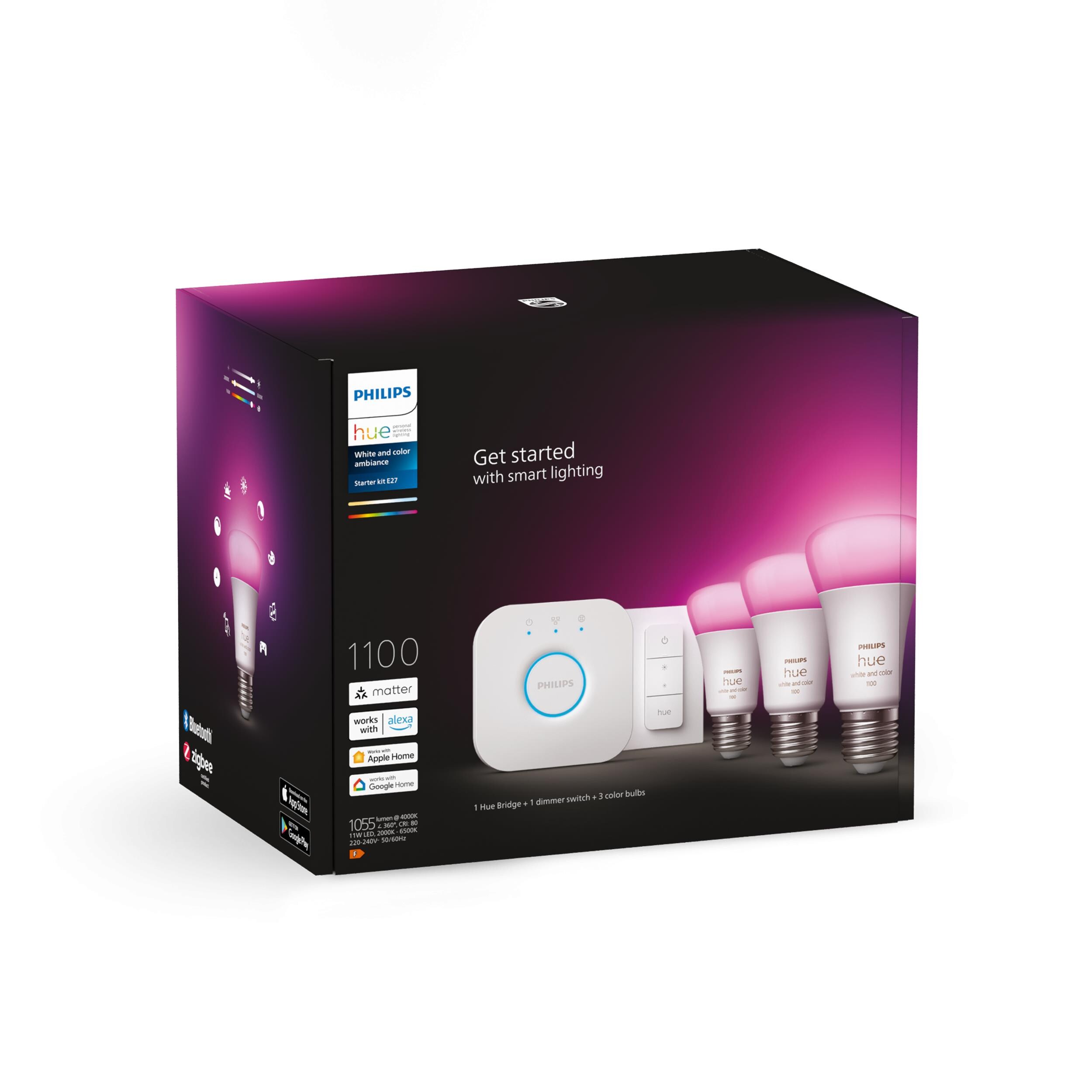 Philips Hue Starter Set White &amp; Col. Amb. E27806lm 75W, 3er Pack + Dimmschalter