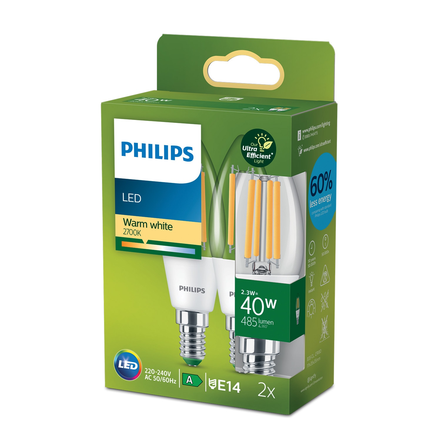 Philips Classic LED Lampe mit 40W, E14 Sockel, Klar, Warmwhite (2700K)