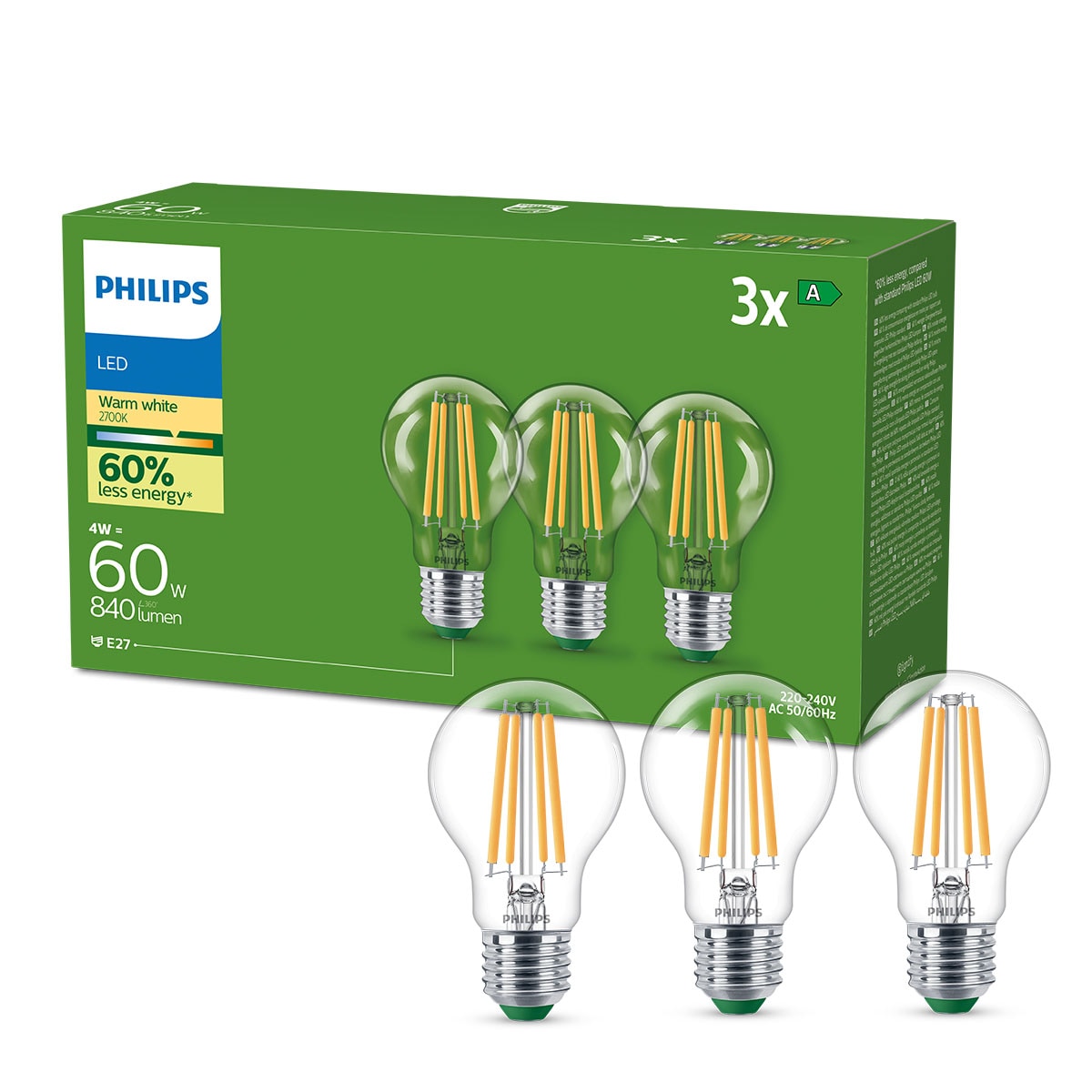 Philips Classic LED Lampe mit 60W, E27 Sockel, Klar, Warmwhite (2700K)