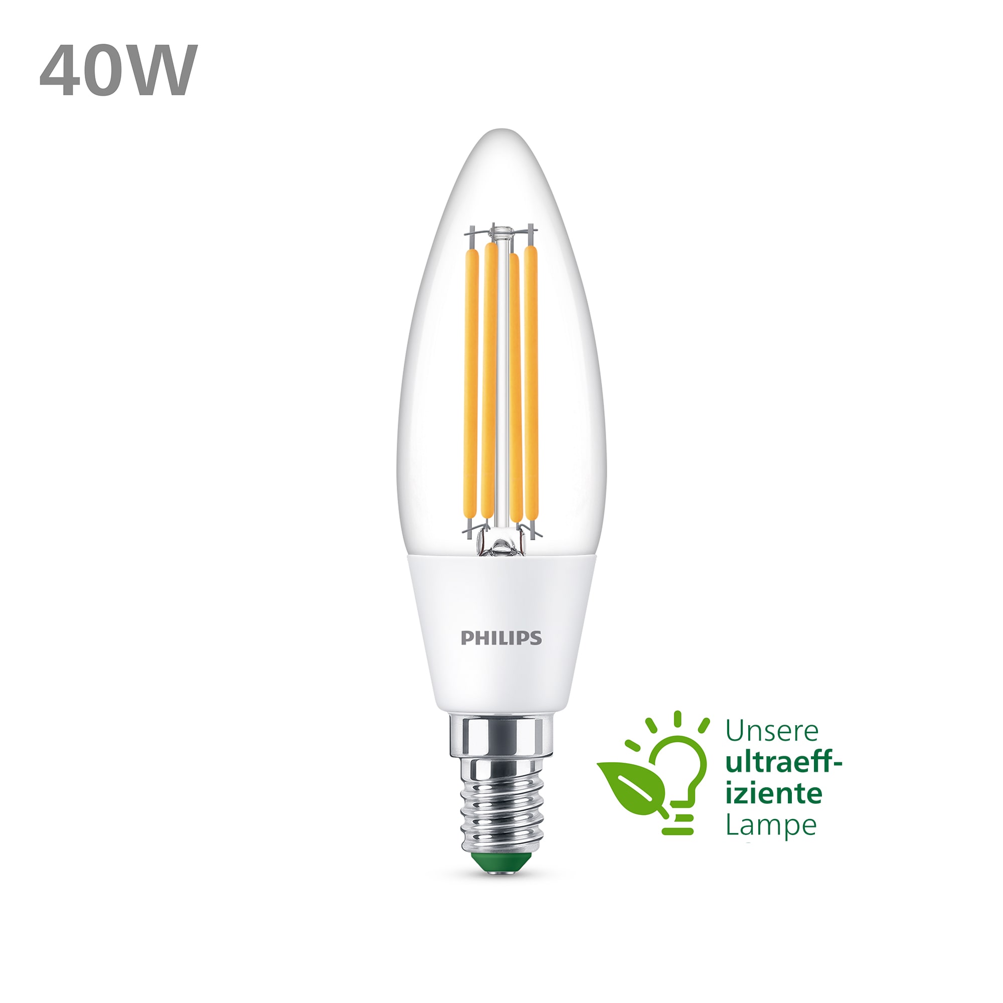 Philips Classic LED Lampe mit 40W, E14 Sockel, Klar, Warmwhite (2700K)