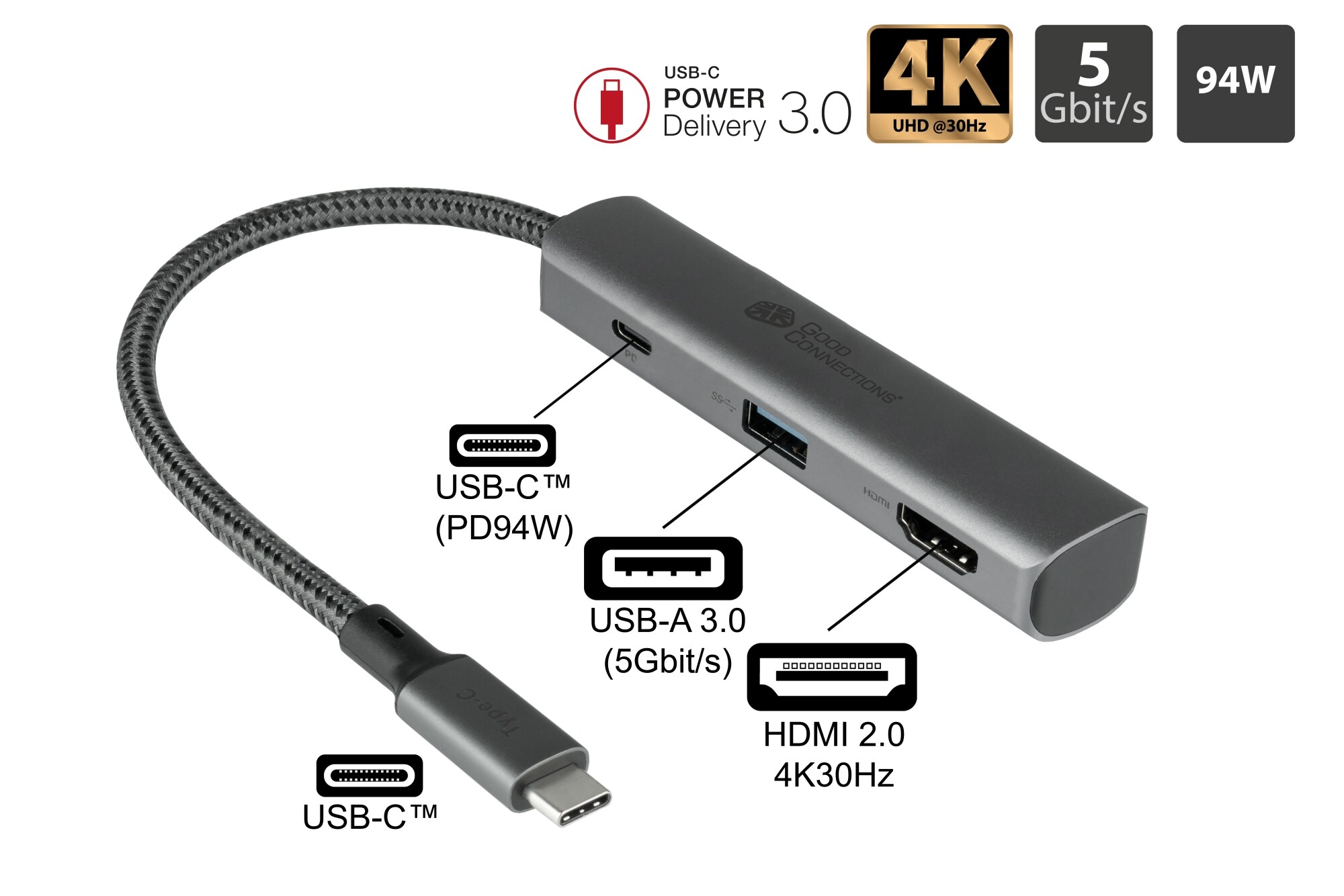 Good Connections USB-C™-Hub (3-Port), 1x HDMI 2.0, 1x USB-C™ (PD 94W), USB 3.0 A