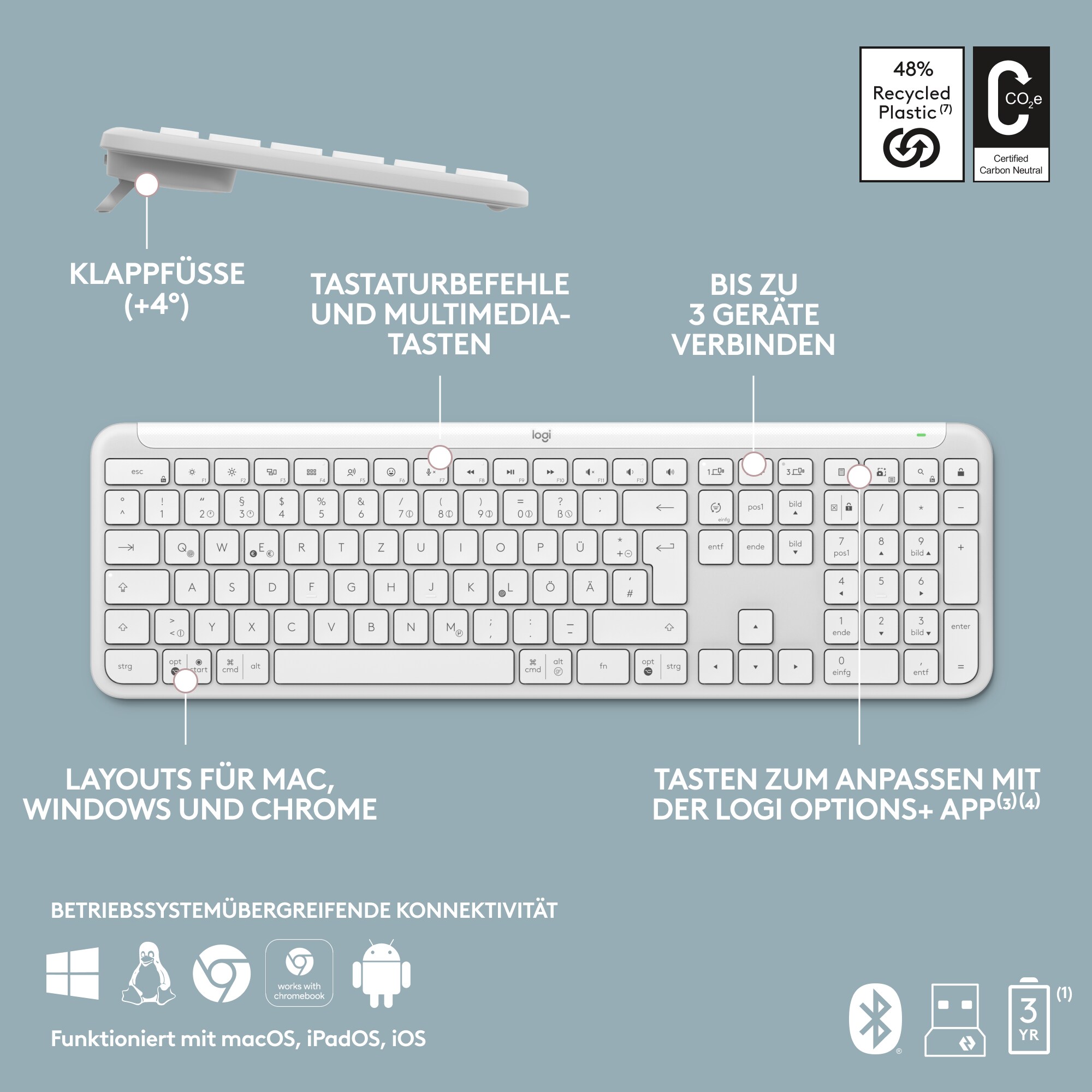 Logitech Signature Slim K950 Pale Grey - Kabellose Tastatur inkl. Logi Bolt