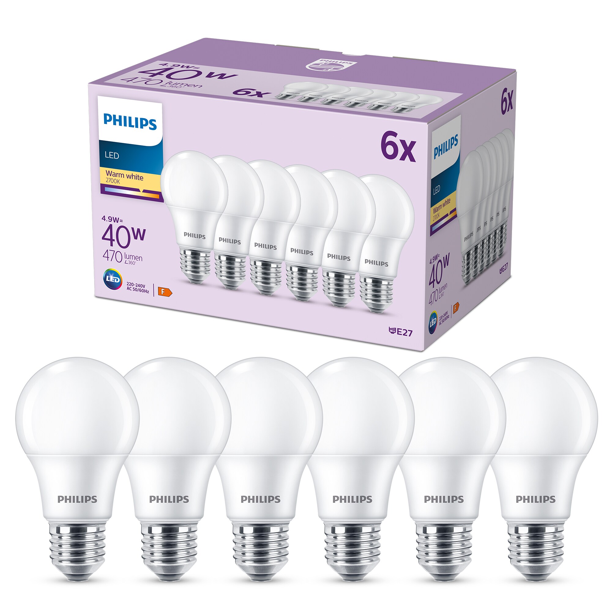 Philips LED Normallampe mit 40W, E27 Sockel, Klar, Warmwhite (2700K)