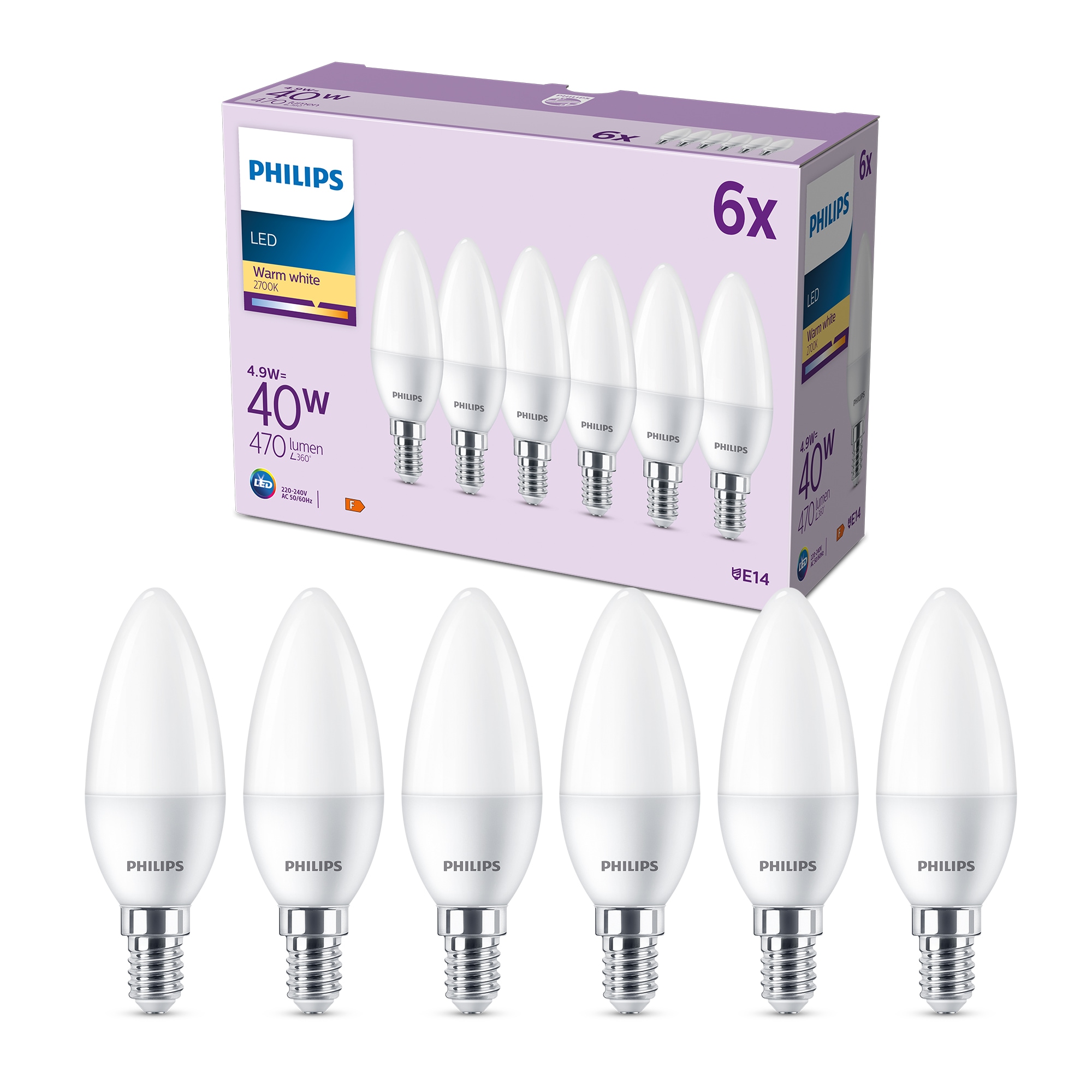 Philips LED Kerzenlampe mit 40W, E14 Sockel, Klar, Warmwhite (2700K) 6er Pack