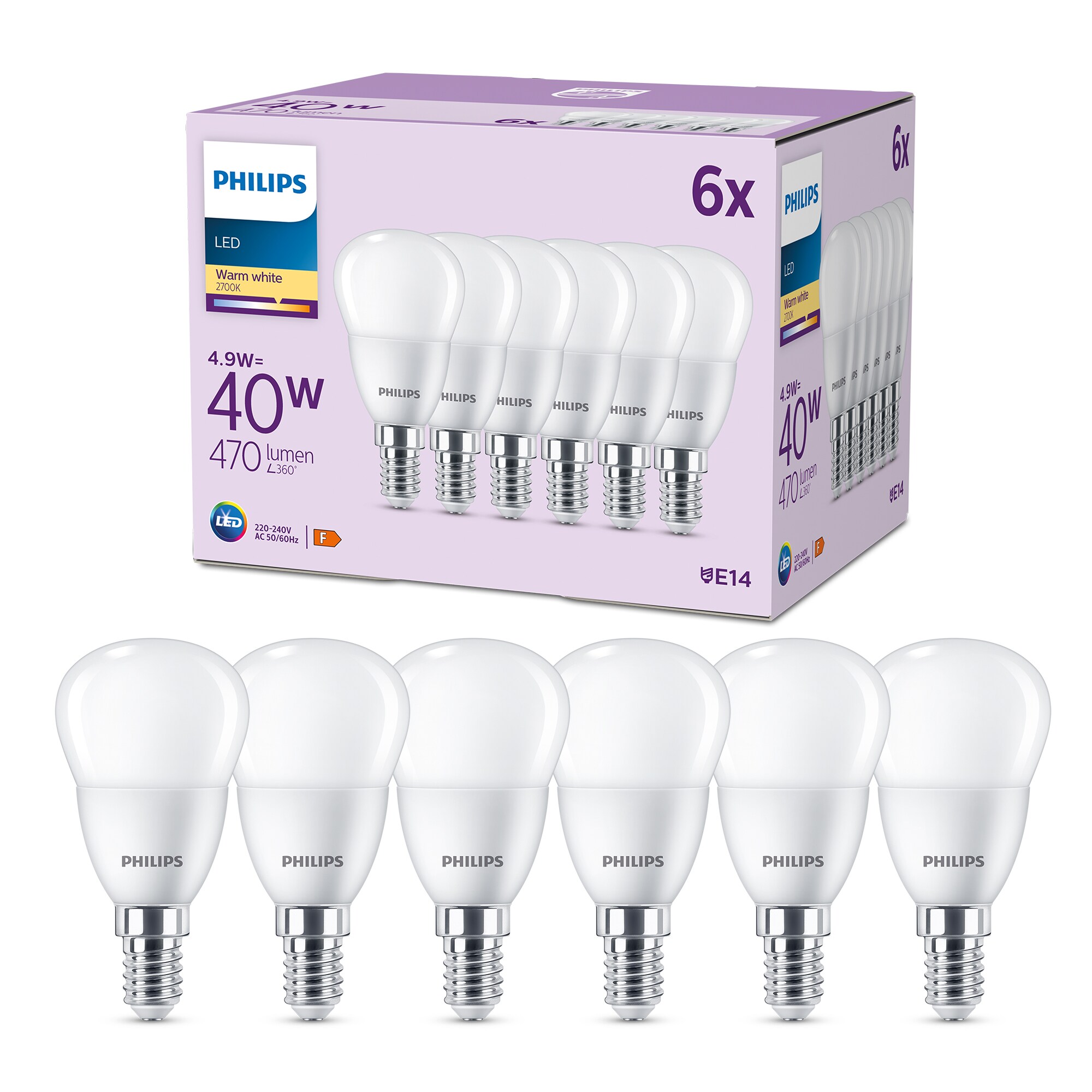 Philips LED Tropfenlampe mit 40W, E14 Sockel, Matt, Warmwhite (2700K) 6er Pack