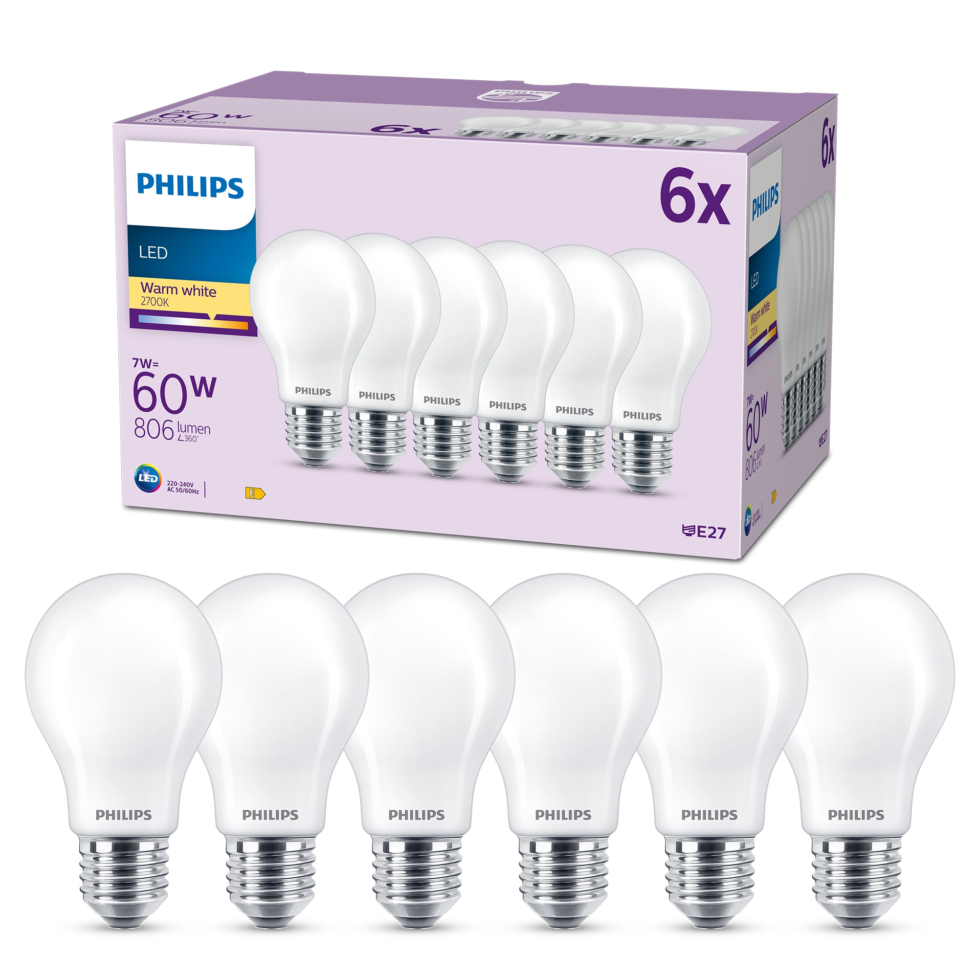 Philips LED Normallampe mit 60W, E27 Sockel, Matt, Warmwhite (2700K) 6er Pack