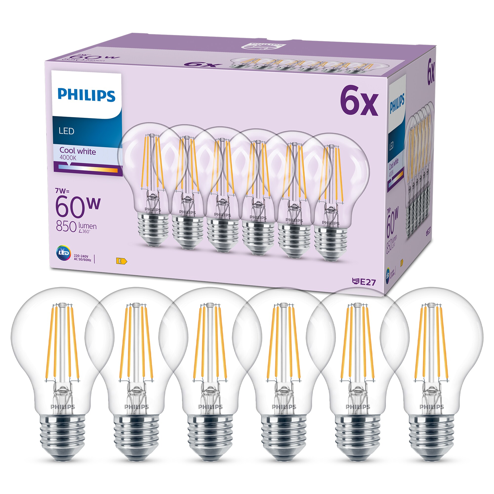 Philips LED Normallampe mit 60W, E27 Sockel, Matt, Neutralweiß (4000K) 6er Pack