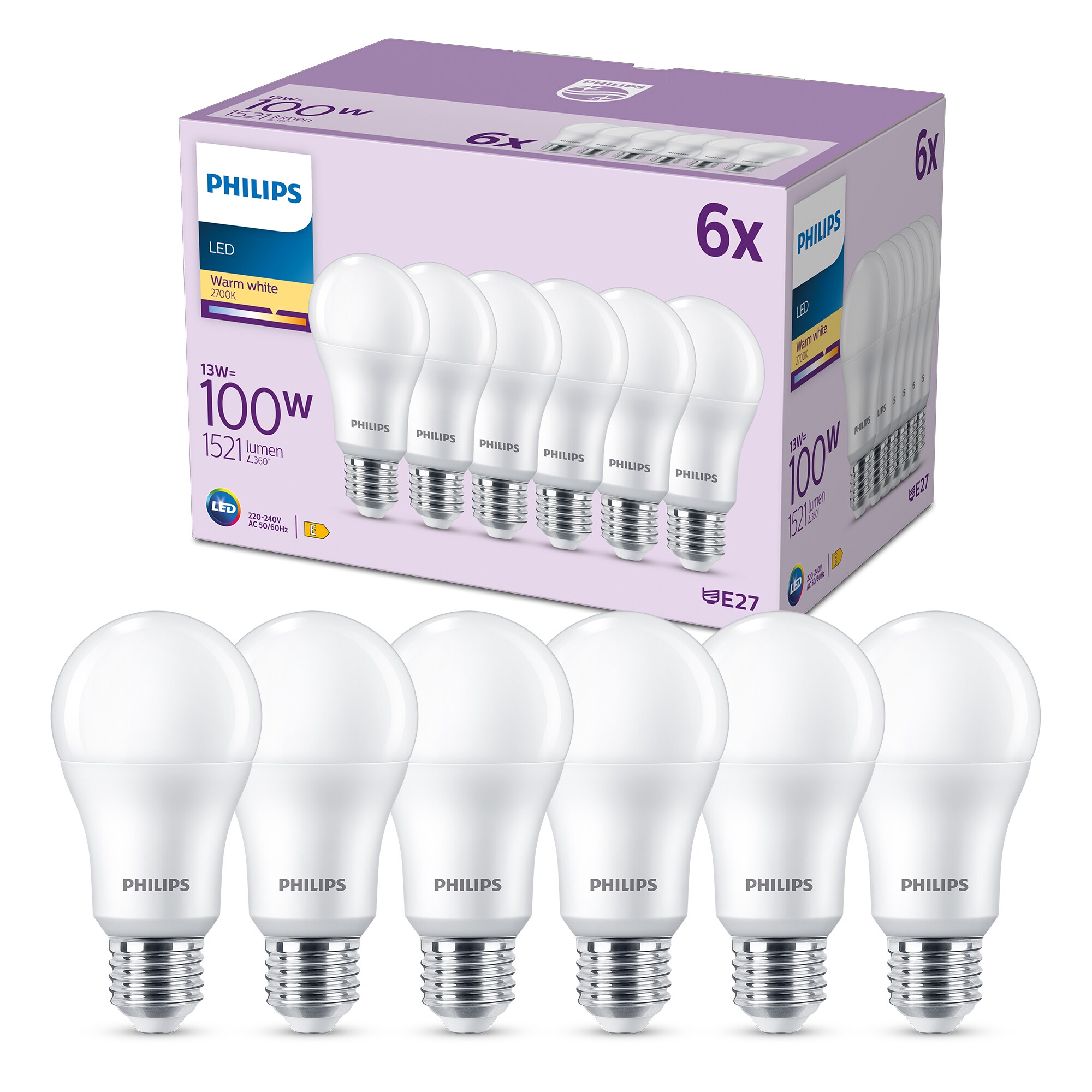 Philips LED Normallampe mit 100W, E27 Sockel, Matt, Warmwhite (2700K) 6er Pack