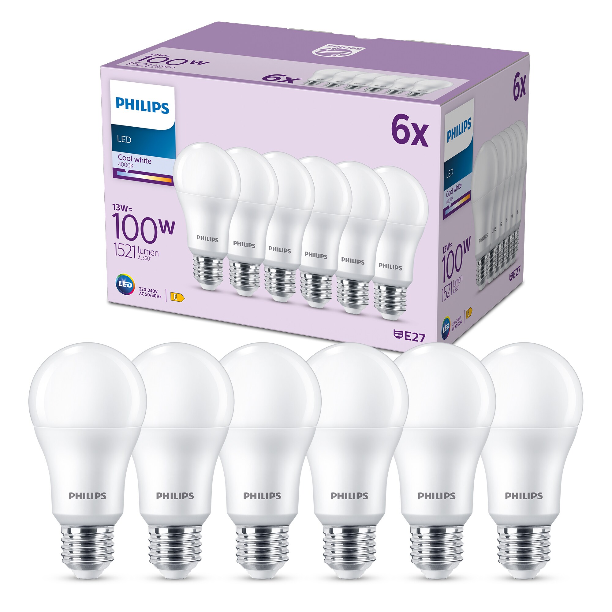 Philips LED Normallampe mit 100W, E27 Sockel, Matt, Neutralweiß (4000K) 6er Pack