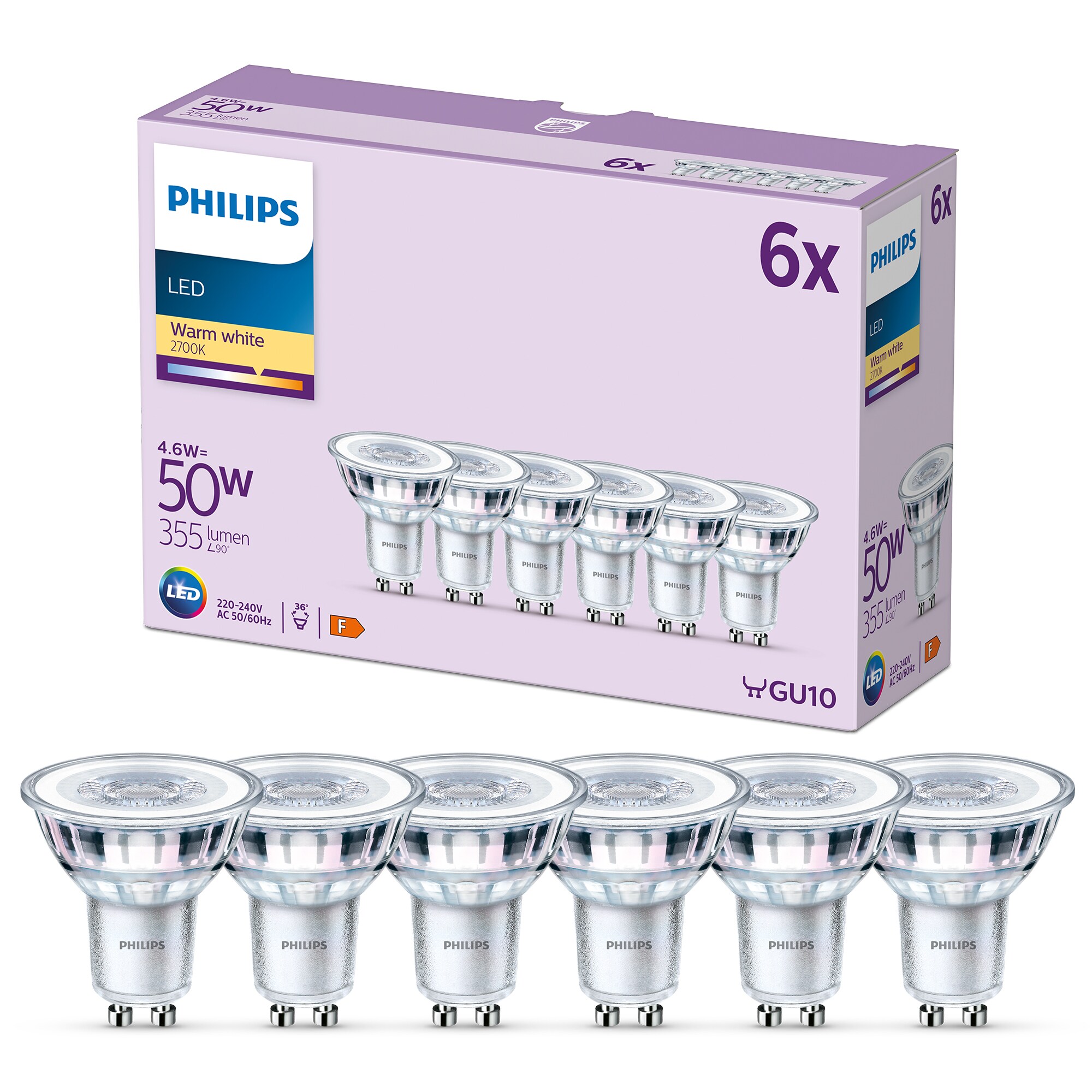 Philips LED Classic Lampe mit 50W, GU10 Sockel, Warmwhite (2700K) 6er Pack