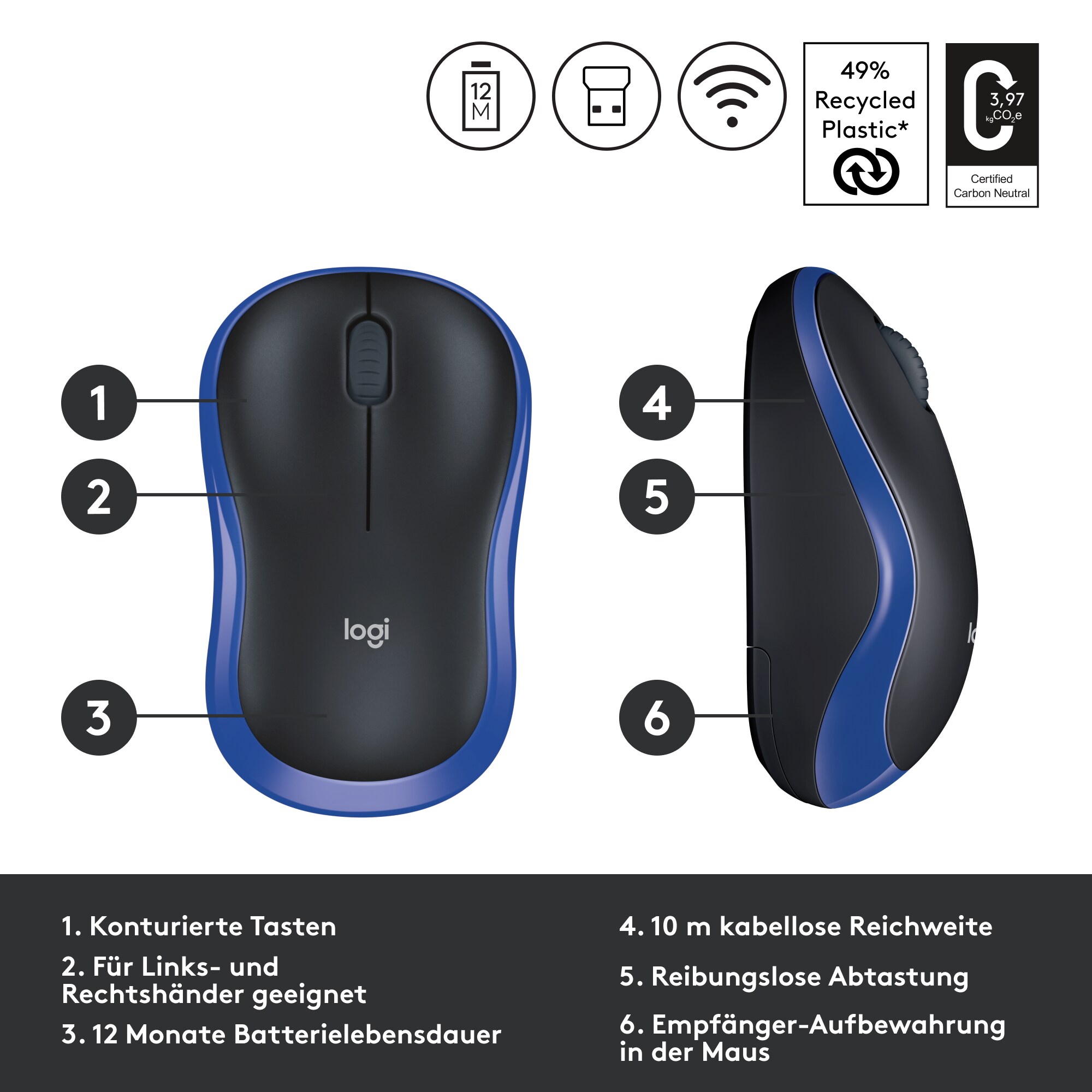 Logitech M185 Kabellose Maus Blau