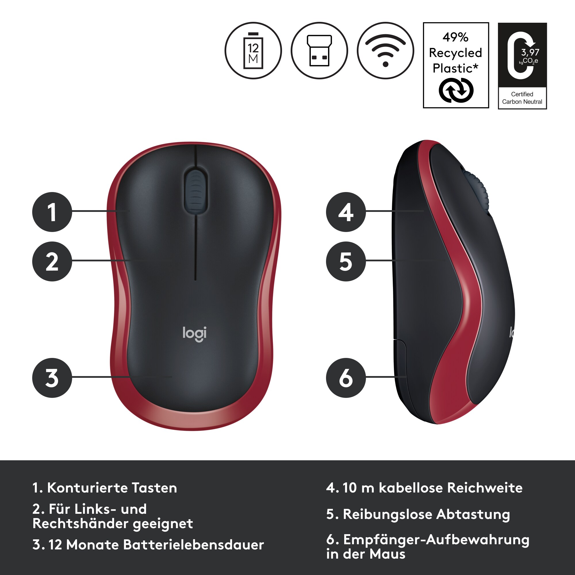 Logitech M185 Kabellose Maus Rot