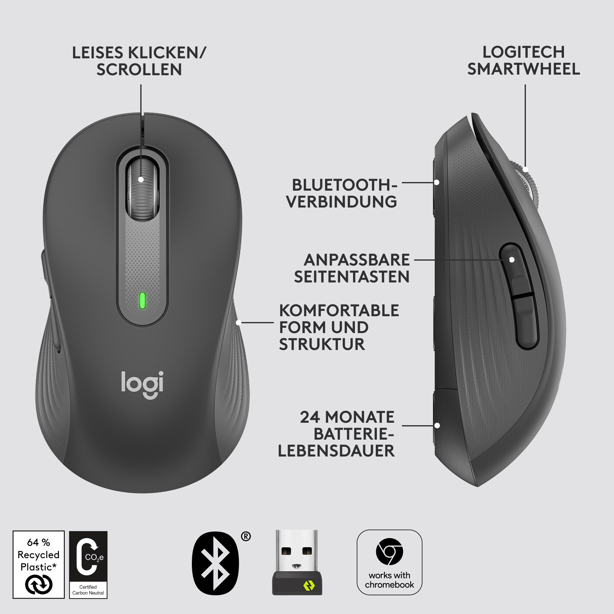 Logitech Signature M650 Gr.M Kabellose Maus Grafit