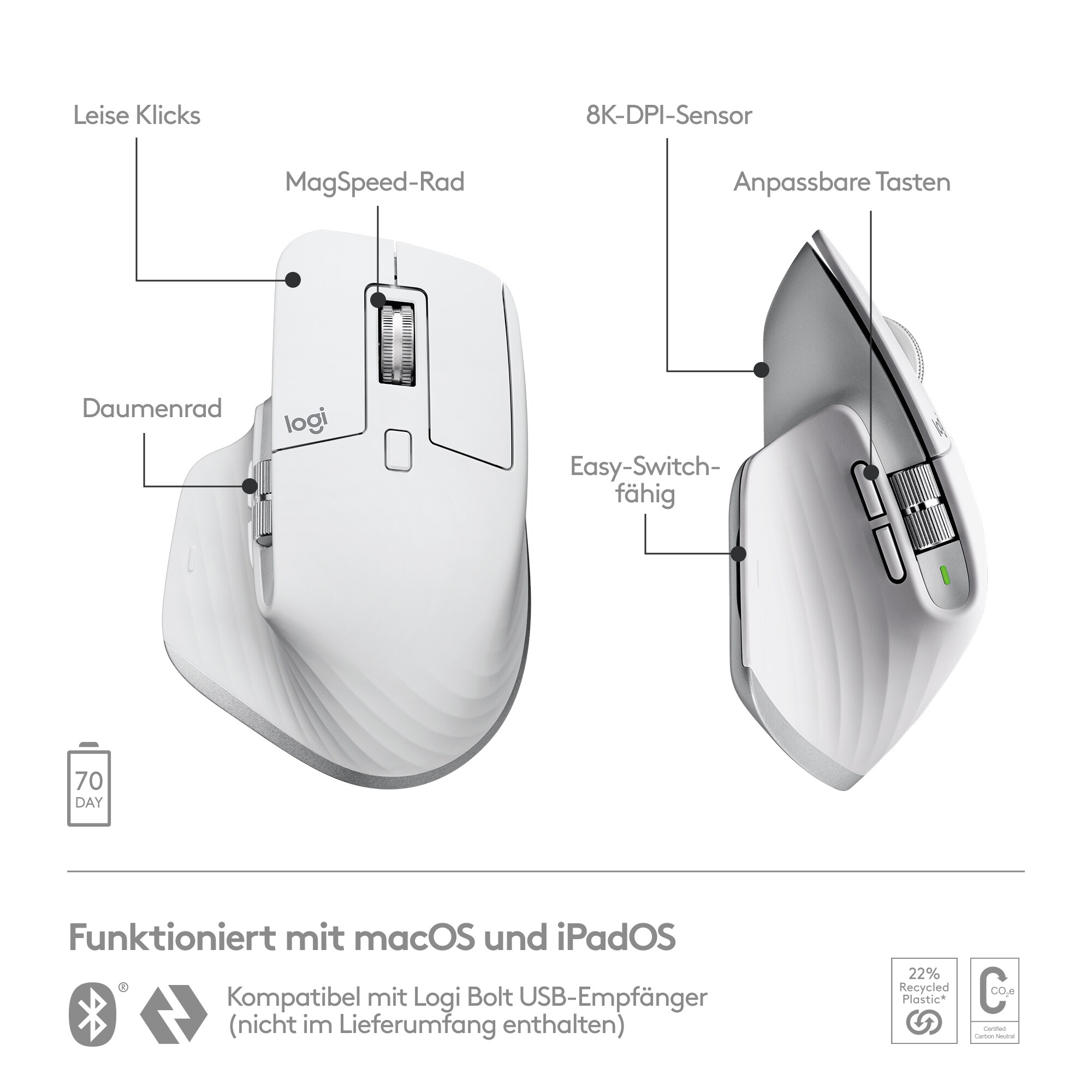 Logitech MX Master 3S Pale Grey für Mac - Kabellose Performance-Maus