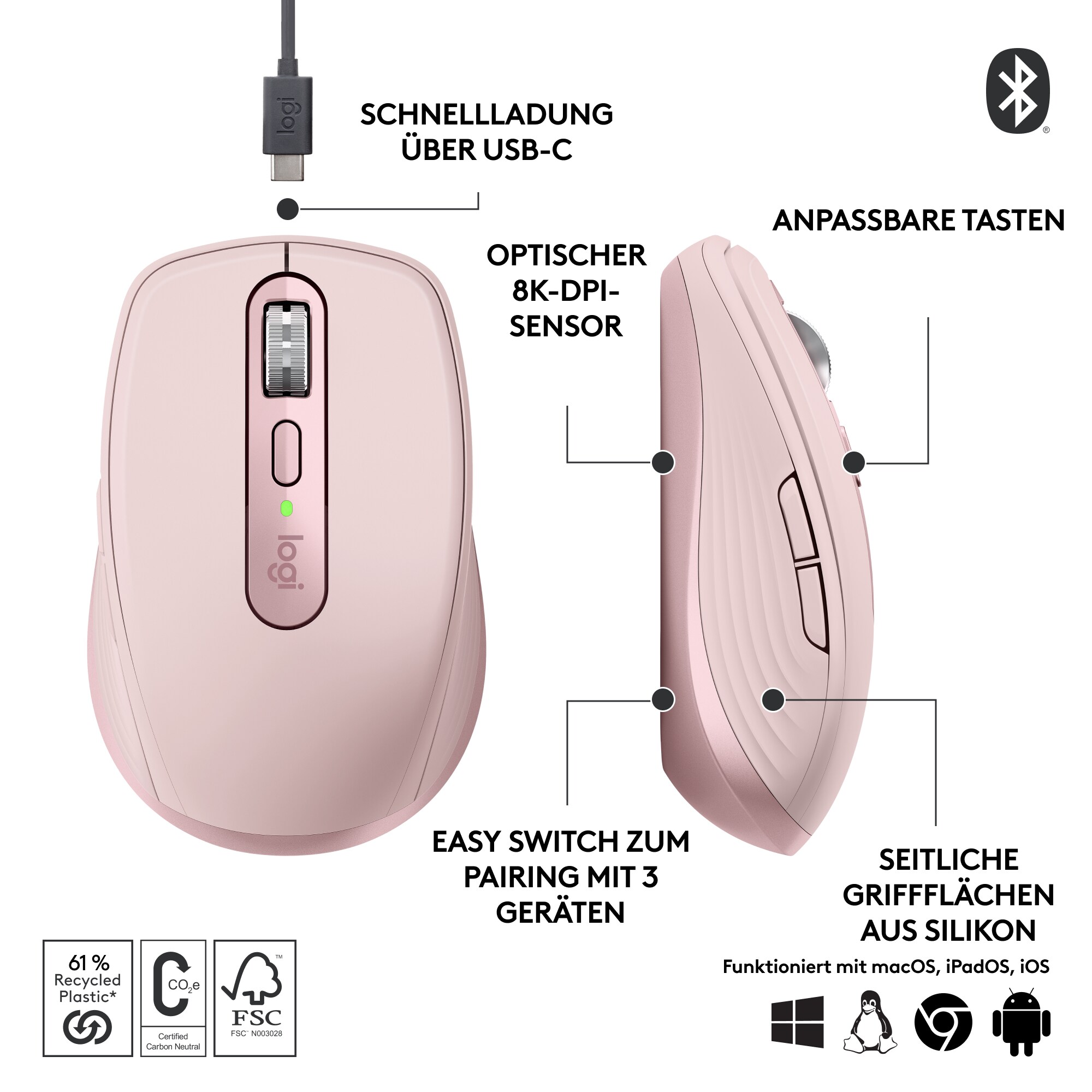 Logitech MX Anywhere 3S Rosé - Kompakte kabellose Performance-Maus