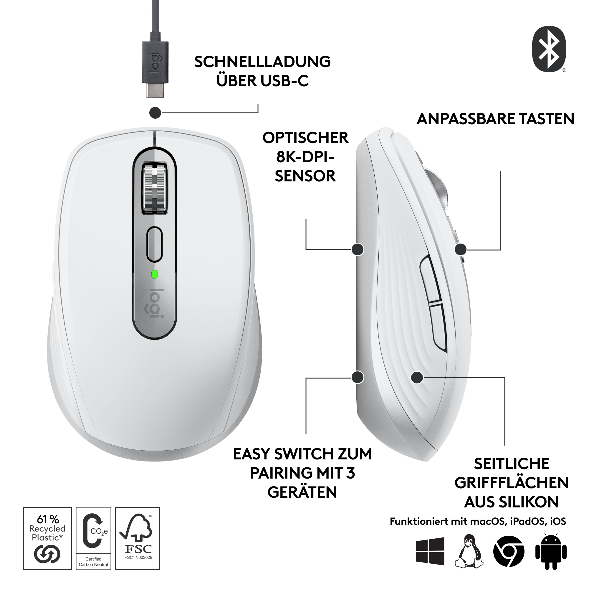 Logitech MX Anywhere 3S Pale Grey - Kompakte kabellose Performance-Maus