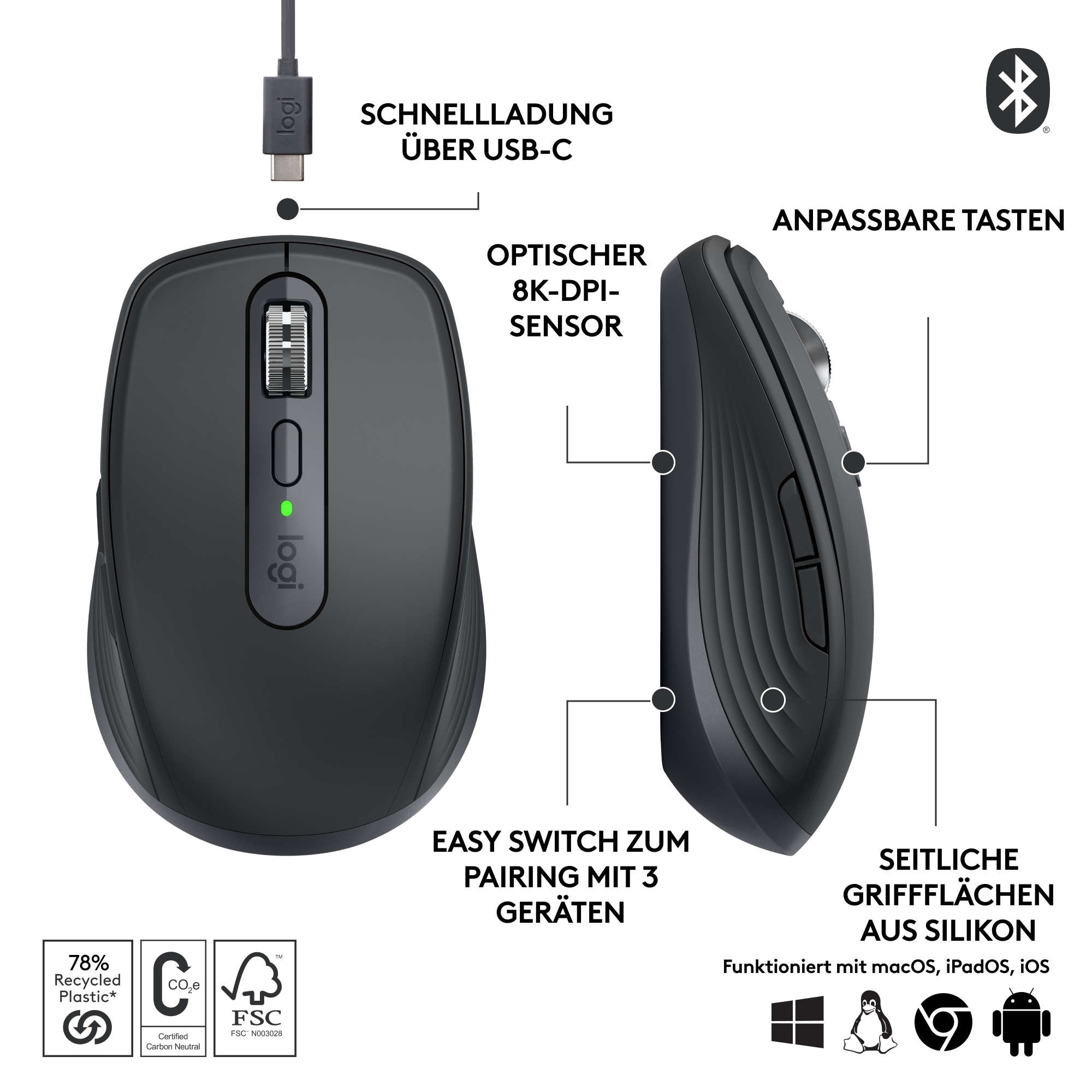 Logitech MX Anywhere 3S Graphite - Kompakte kabellose Performance-Maus