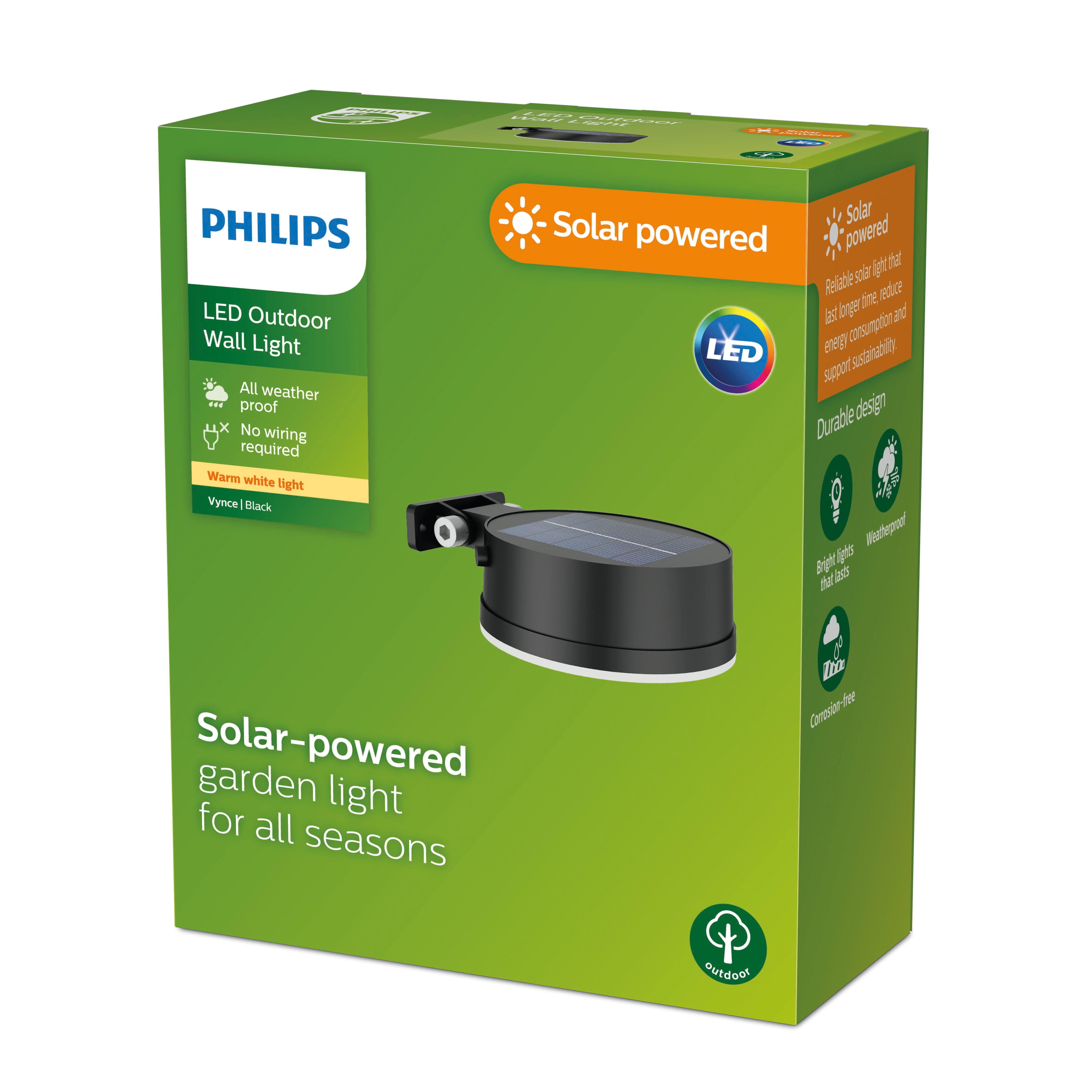 Philips Outdoor Solar Vynce Wandleuchte 1.5W, Tageslichtsensor, rund, schwarz