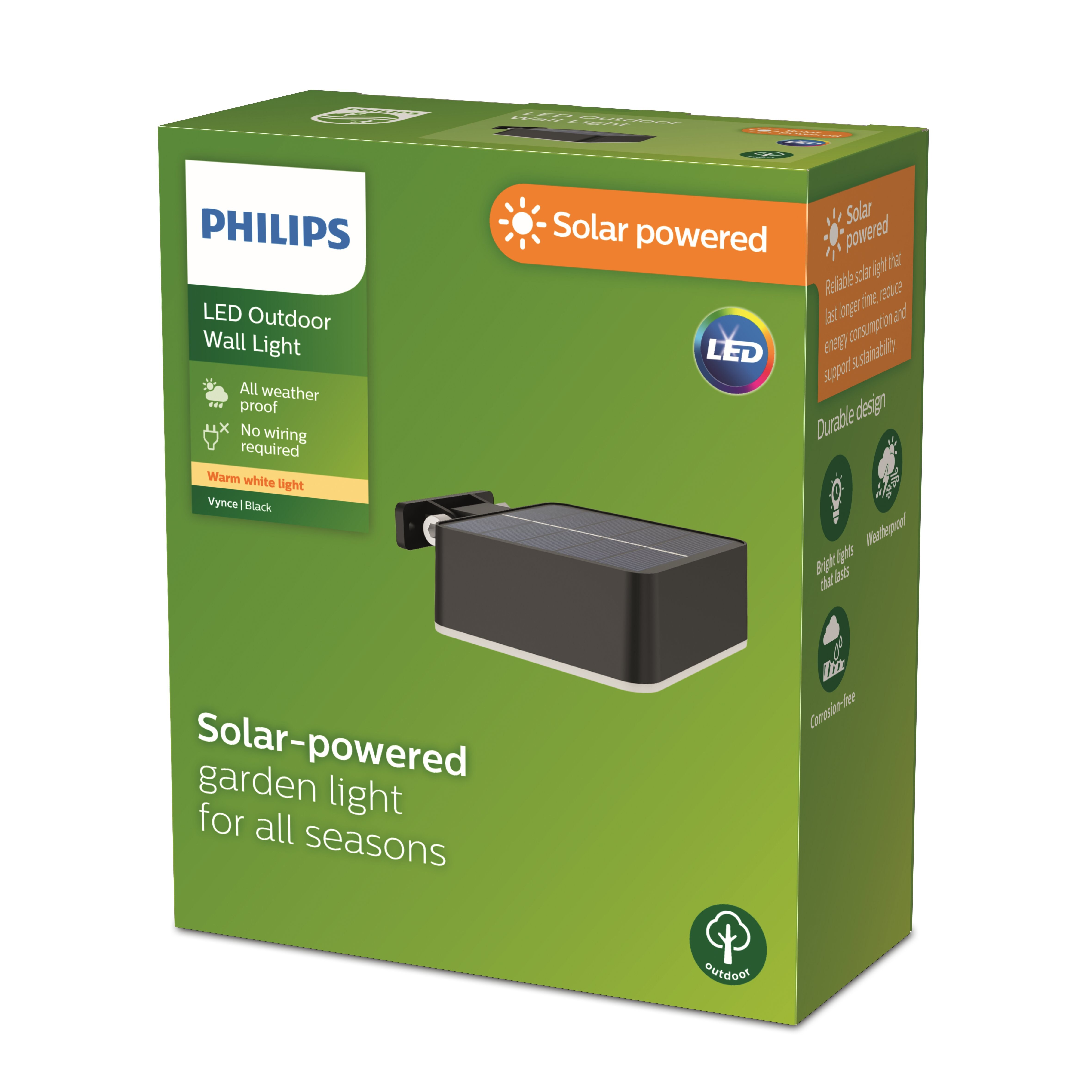 Philips Outdoor Solar Vynce Wandleuchte 1.5W, Tageslichtsensor, eckig, schwarz