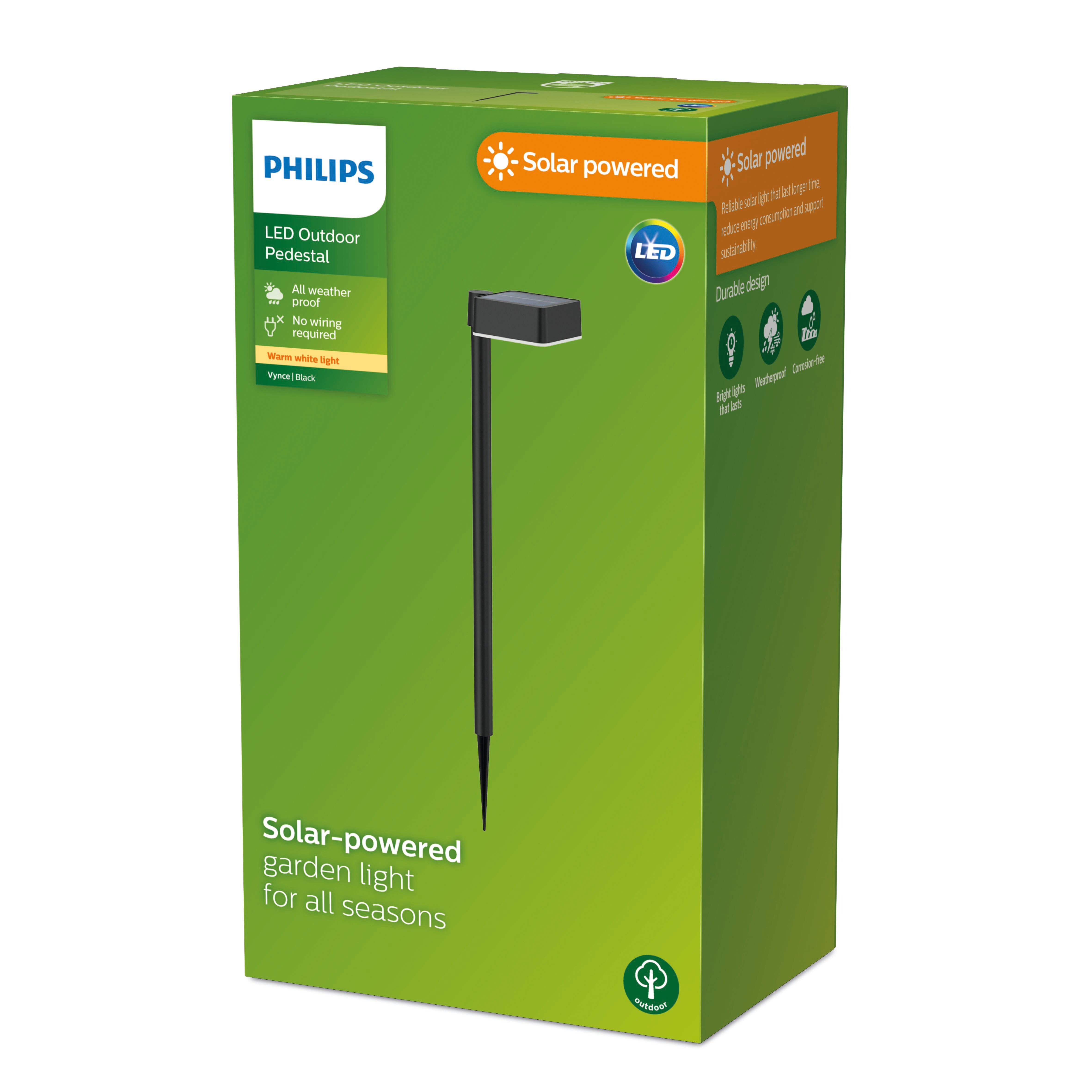 Philips Outdoor Solar Vynce Sockelleuchte Spiess 1.5W, Tageslichtsensor, eckig