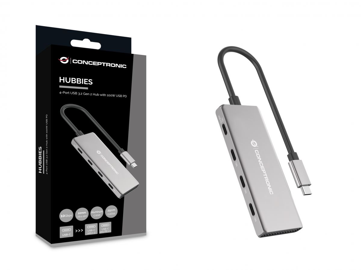 Conceptronic HUBBIES16G 4-Port USB 3.2 Gen-2 Hub, 10Gbps, USB-C x 4, 100W USB PD