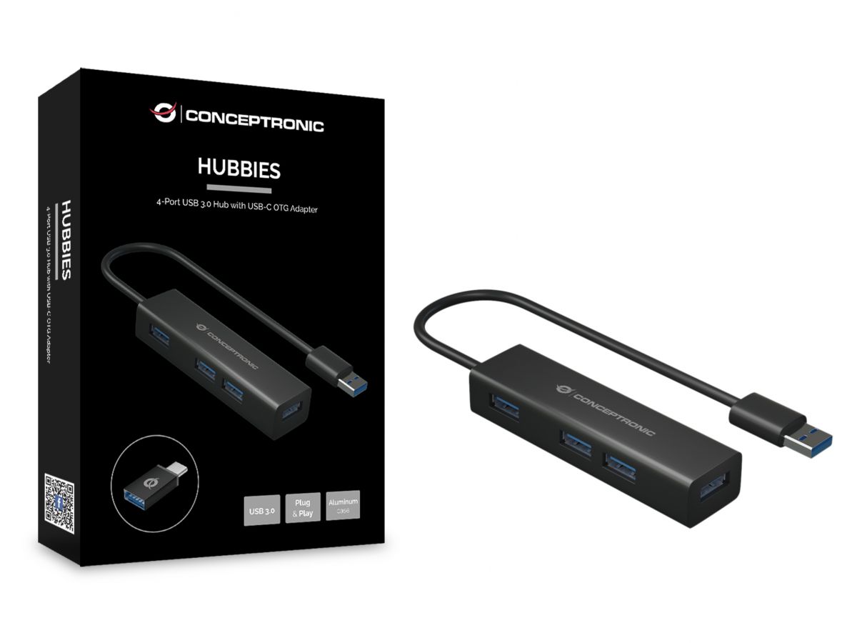 Conceptronic HUBBIES06B 4-Port-USB 3.0-Hub und OTG-Adapter für USB-C