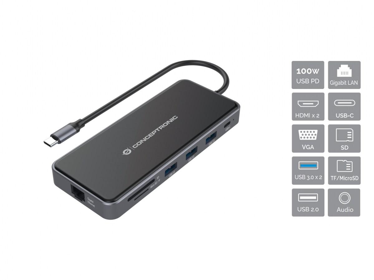 Conceptronic DONN15G 12-in-1 USB 3.2 Gen 1 Dockingstation, HDMI, VGA, Card-Reade