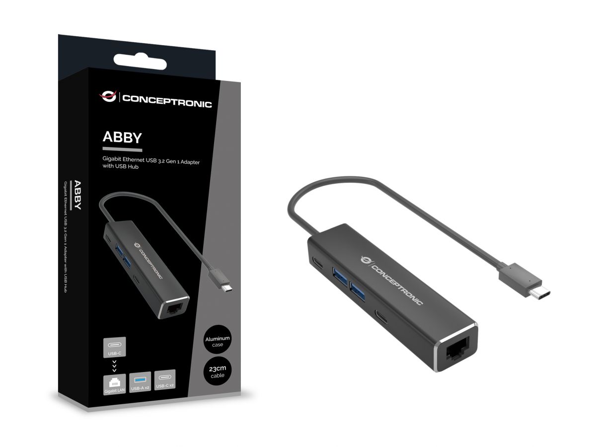 Conceptronic ABBY13B Gigabit Ethernet USB 3.2 Gen 1 Adapter mit USB-Hub, GbE, US