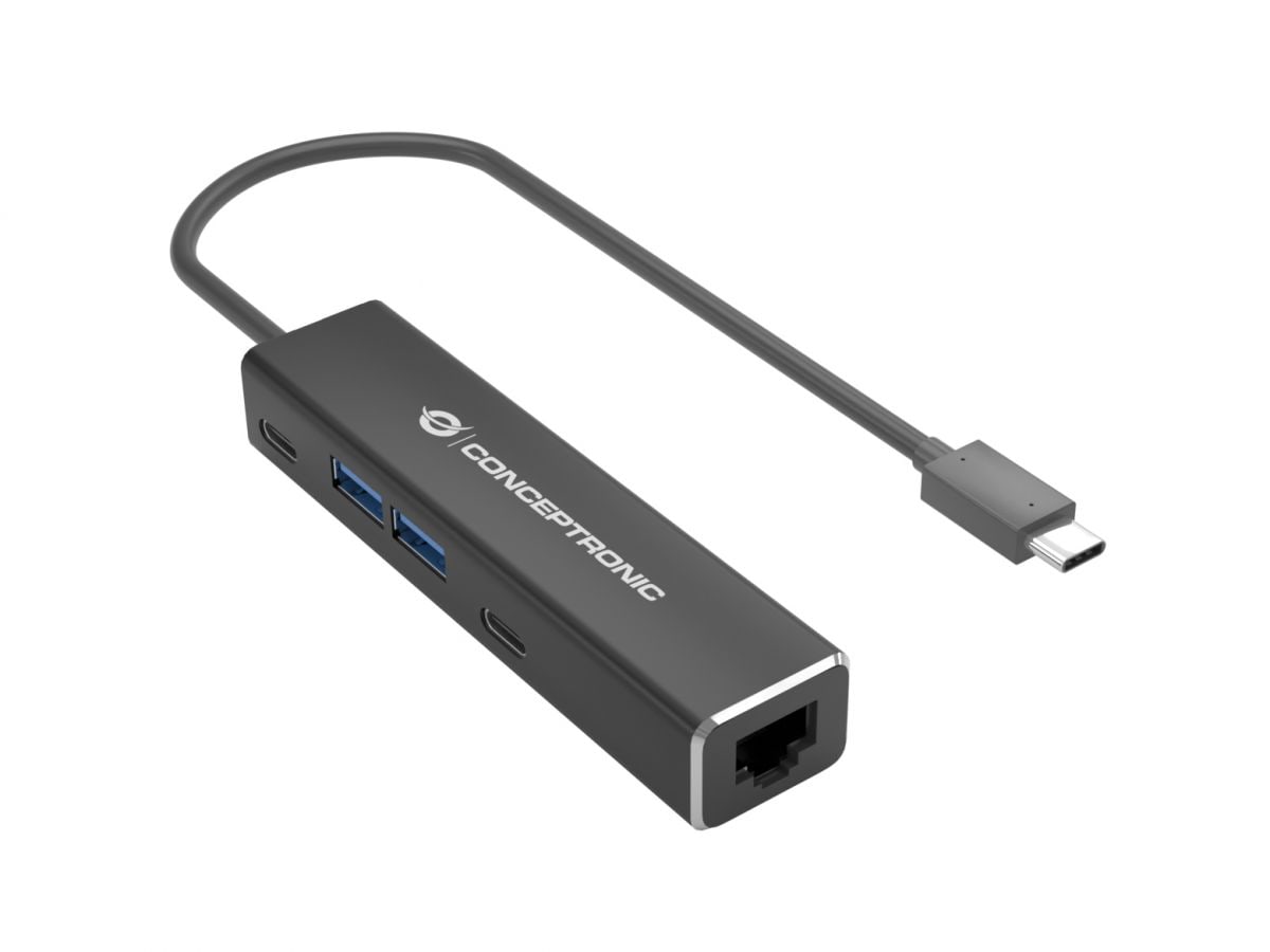 Conceptronic ABBY13B Gigabit Ethernet USB 3.2 Gen 1 Adapter mit USB-Hub, GbE, US