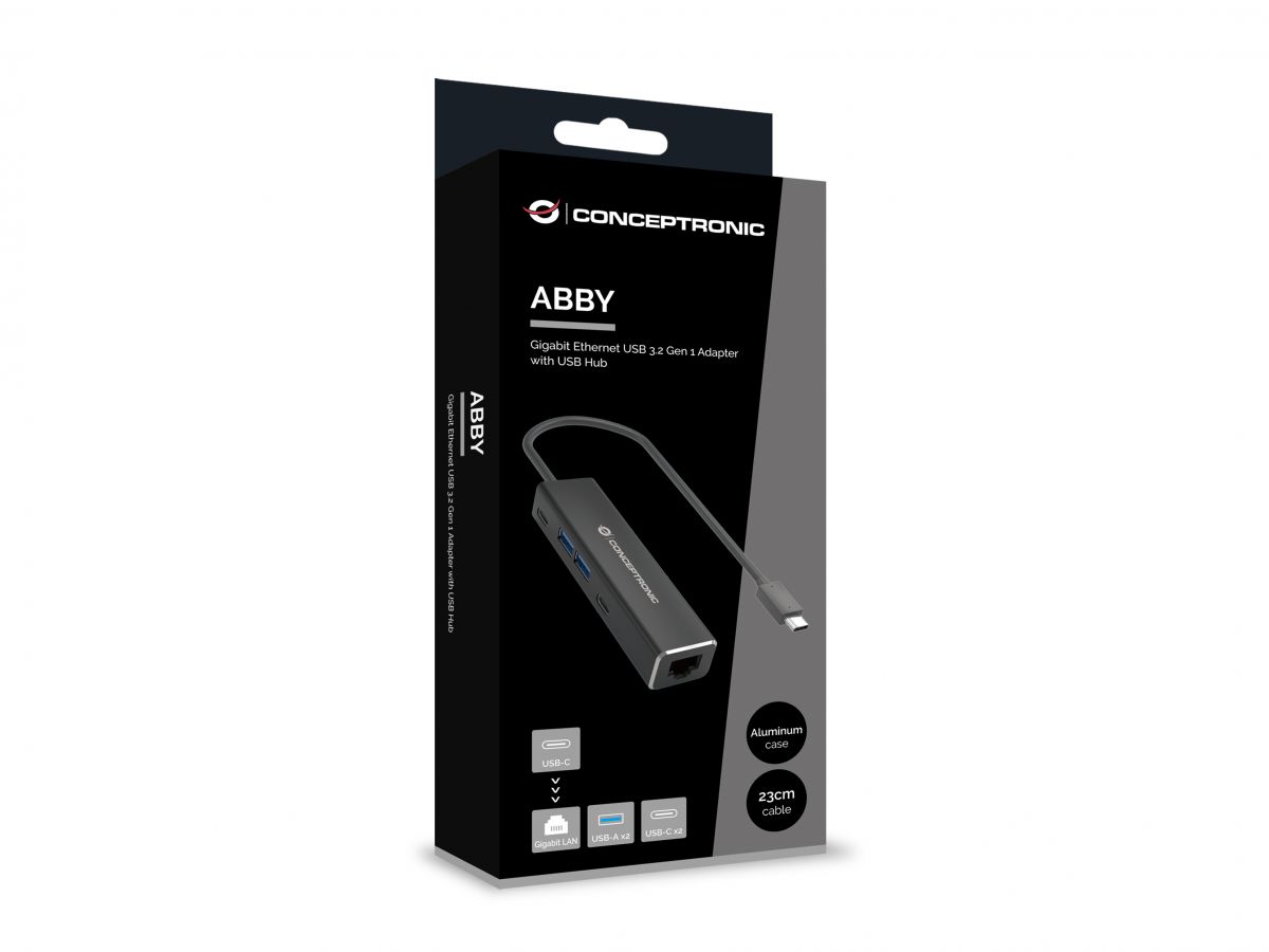 Conceptronic ABBY13B Gigabit Ethernet USB 3.2 Gen 1 Adapter mit USB-Hub, GbE, US