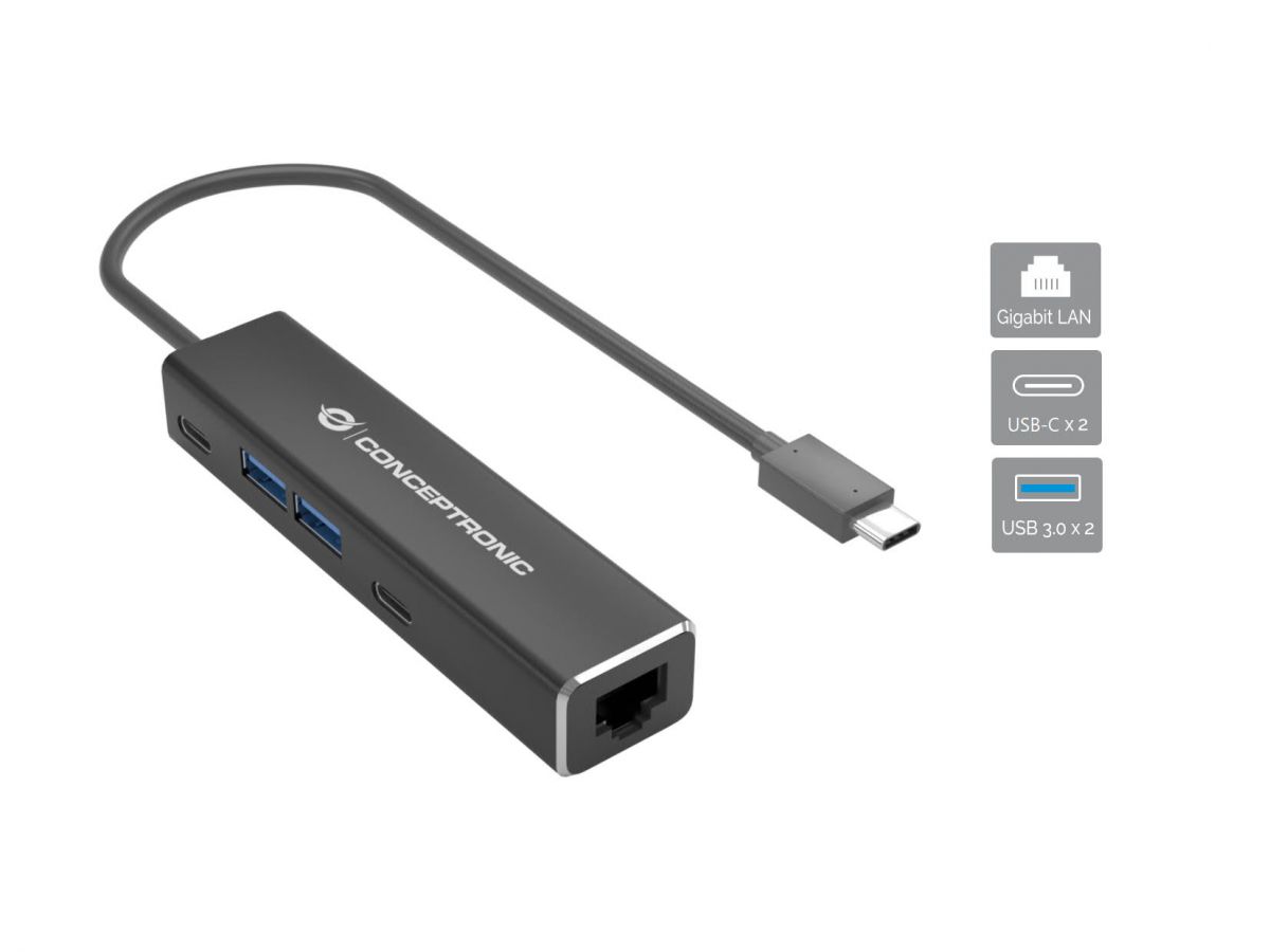 Conceptronic ABBY13B Gigabit Ethernet USB 3.2 Gen 1 Adapter mit USB-Hub, GbE, US