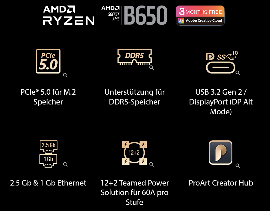 ASUS ProArt B650-Creator ATX Mainboard Sockel AM5 M.2/USB3.2 Typ-C/HDMI/DP/LAN