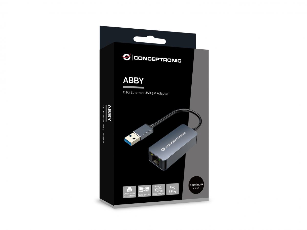 Conceptronic ABBY12G Gigabit Ethernet USB 3.0 Adapter mit USB-Hub, GbE