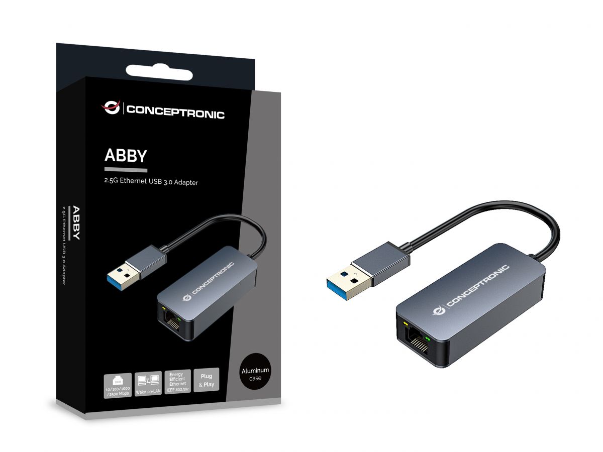 Conceptronic ABBY12G Gigabit Ethernet USB 3.0 Adapter mit USB-Hub, GbE