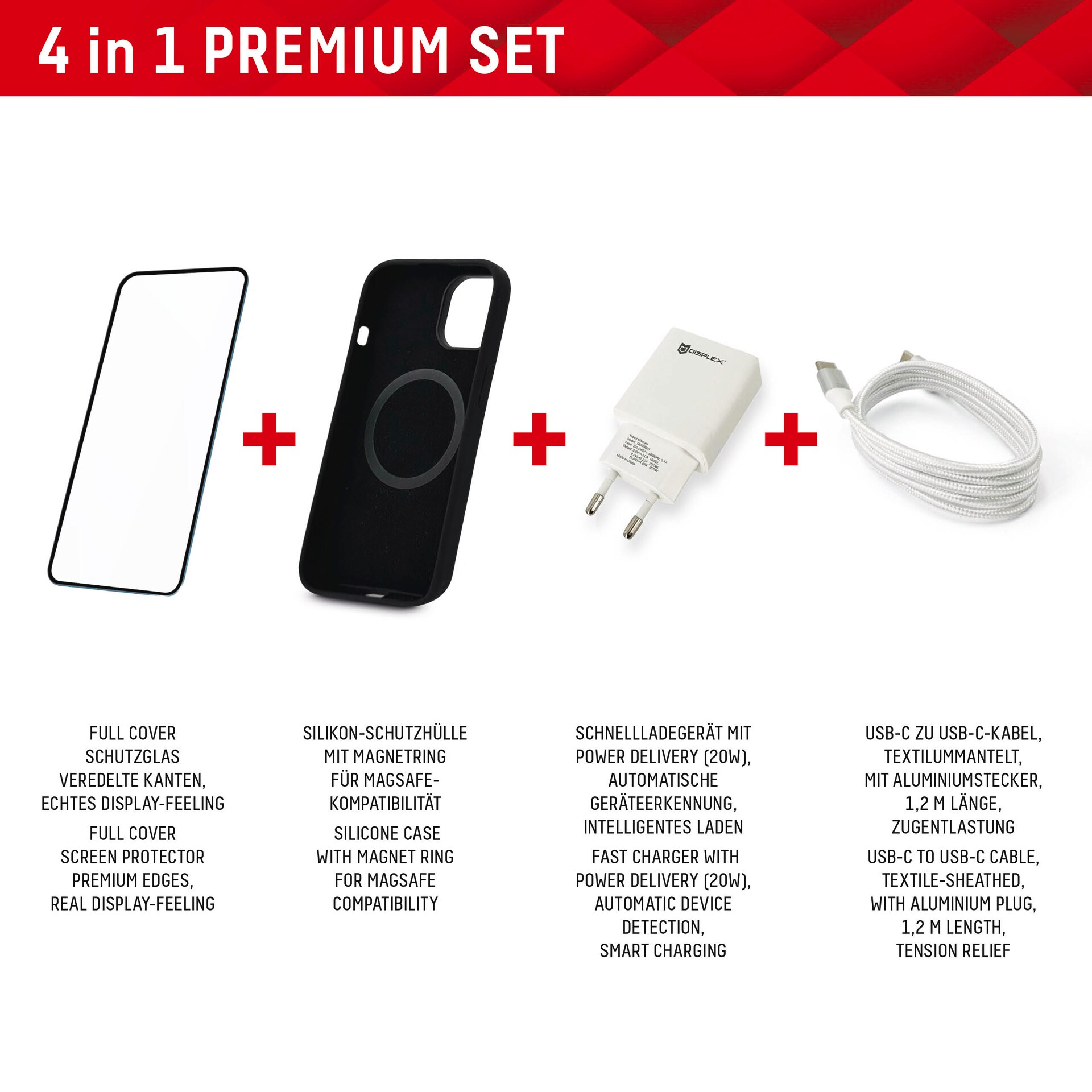 DISPLEX Set Apple iPhone 15 Glas (10H)+Case+Kabel+Netzteil