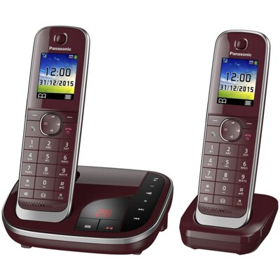 Rot Dect günstig Kaufen-Panasonic KX-TGJ322GR schnurloses Duo DECT Festnetztelefon inkl. AB, weinrot. Panasonic KX-TGJ322GR schnurloses Duo DECT Festnetztelefon inkl. AB, weinrot <![CDATA[• Name oder Telefonnummer des Anrufers wird beim Klingeln angesagt • Anrufbeantworter r