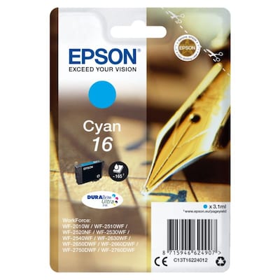 FOR EPSON günstig Kaufen-Epson 16 Original Druckerpatrone Cyan T1622. Epson 16 Original Druckerpatrone Cyan T1622 <![CDATA[• Epson Tintenpatrone C13T16224012 / C13T16224010 • Farbe: Cyan • Reichweite: ca. 165 Seiten (3,1 ml) • Kompatibel zu: WorkForce WF-2010W, WF-2510WF,