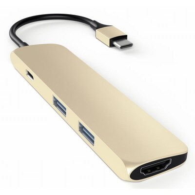 SG Fun günstig Kaufen-Satechi USB3.0 Typ C Stecker auf 1x HDMI 2x USB Typ A Hub Adapter gold. Satechi USB3.0 Typ C Stecker auf 1x HDMI 2x USB Typ A Hub Adapter gold <![CDATA[• USB-Typ C Adapter mit 1x 4K HDMI Video-Ausgang • 1x USB-Typ C Anschluss mit Ladefunktion und 2x U