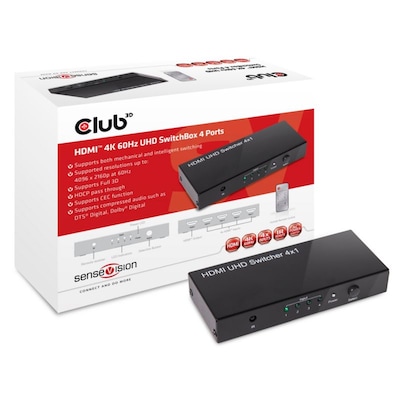 Dongle,HDMI günstig Kaufen-Club 3D SenseVision HDMI 2.0 4K 60Hz UHD Switchbox 4-Port CSV-1370. Club 3D SenseVision HDMI 2.0 4K 60Hz UHD Switchbox 4-Port CSV-1370 <![CDATA[• Unterstützt sowohl mechanische als auch intelligente Switching • Unterstützte Auflösungen bis zu: 4096