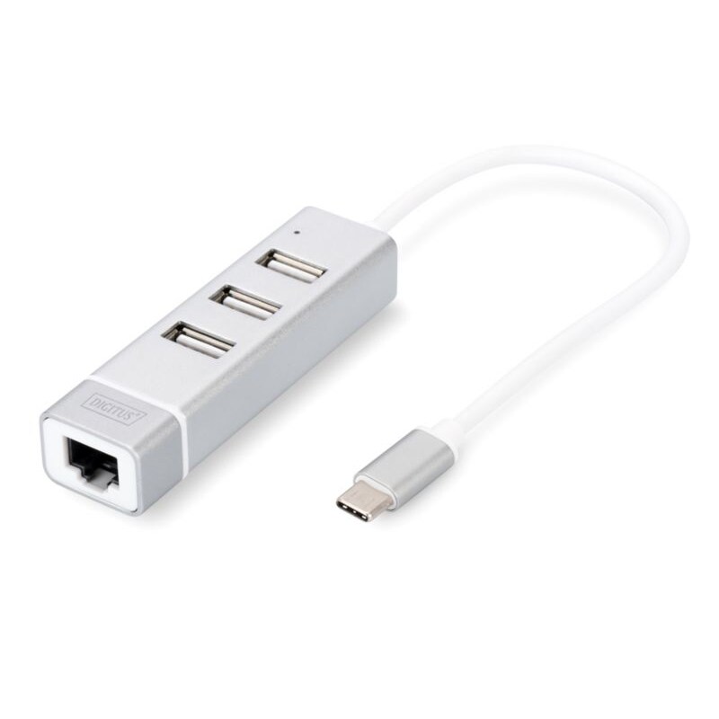 DIGITUS USB2.0 3-Port HUB & Fast Ethernet LAN-Adapter mit Typ-C Anschluss