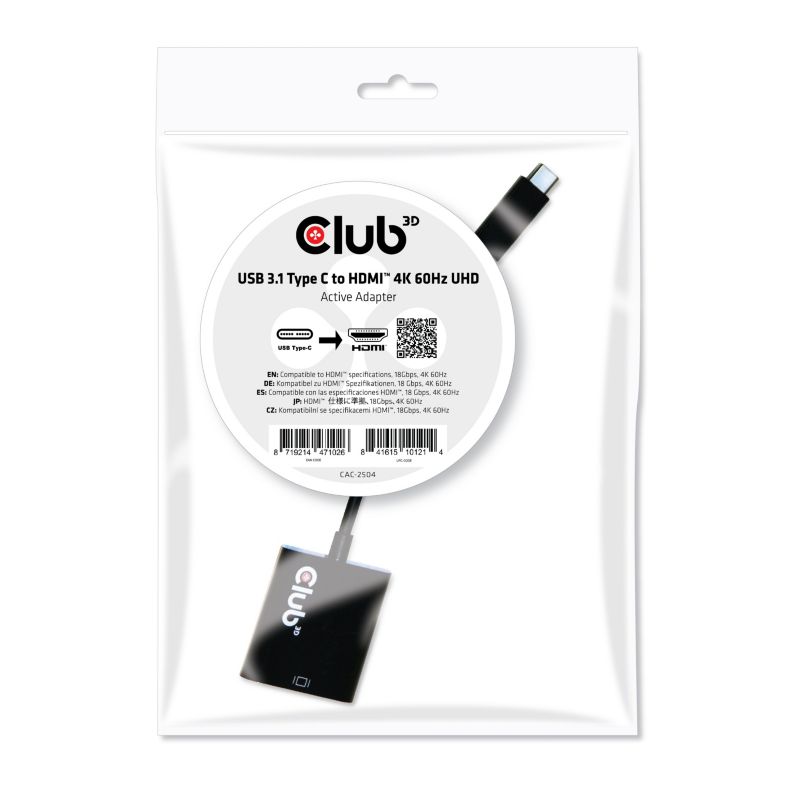 Club 3D USB 3.1 Adapter Typ-C zu HDMI 2.0 UHD 4K 60Hz aktiv St./Bu. schwarz