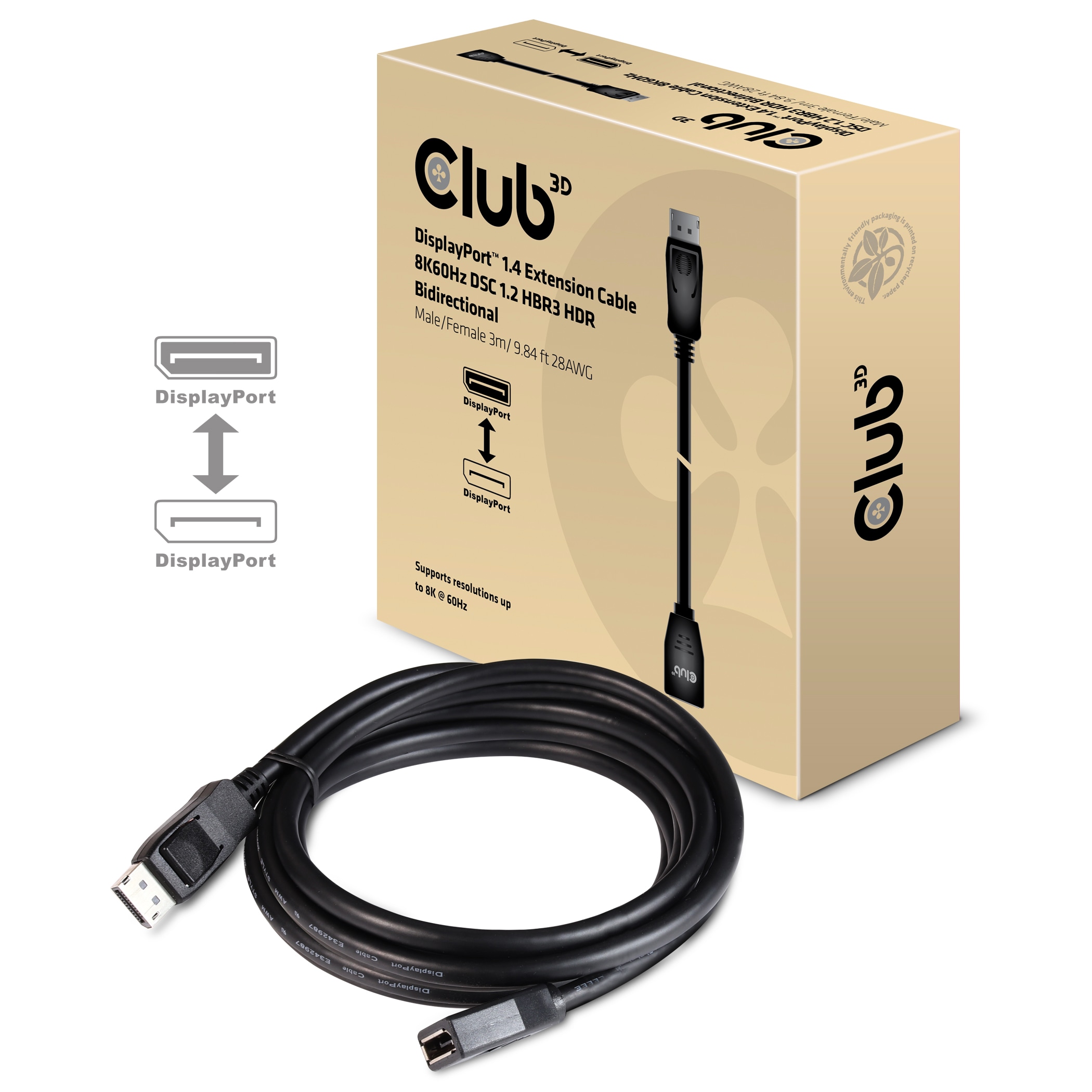 Club 3D DisplayPort 1.4 Verl&auml;ngerungskabel 8K60Hz DSC1.2 HBR3 HDR St. Bu. 3m