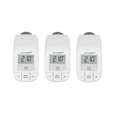 Pack Thermo günstig Kaufen-Homematic IP Heizkörperthermostat – basic HmIP-eTRV-B, 3er Pack. Homematic IP Heizkörperthermostat – basic HmIP-eTRV-B, 3er Pack <![CDATA[• Ermöglicht eine Heizkostenersparnis von bis zu 30 % • Individuelle Temperaturverläufe