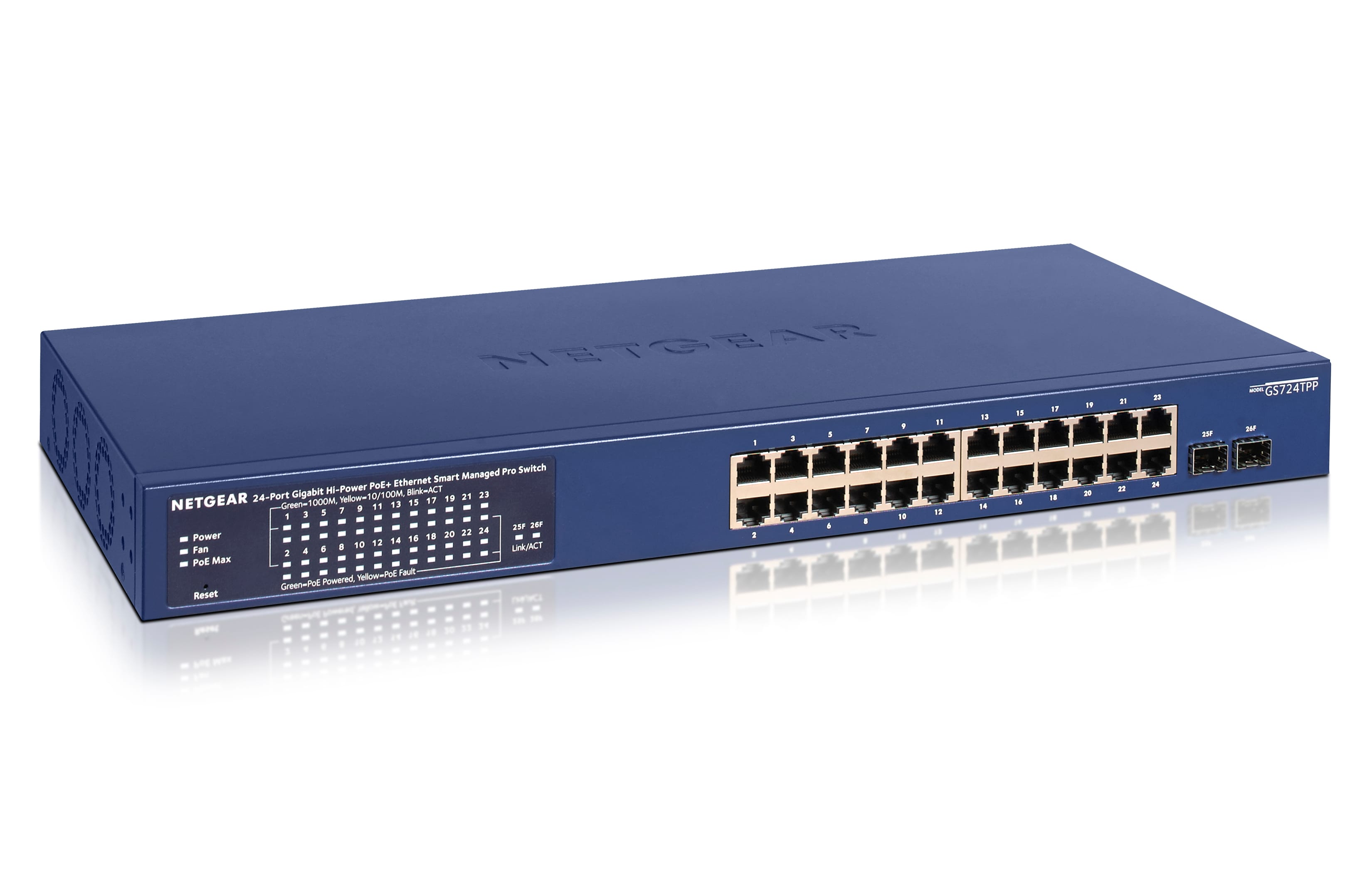 NETGEAR (GS724TPPV3) Smart Web Switch Manageable Gigabit PoE 26 Ports – Managed in der Cloud, 24 380 W PoE+ Ports, 2 1 Gigabit SFP Ports, Desktop oder Rack und begrenzter lebenslanger Schutz