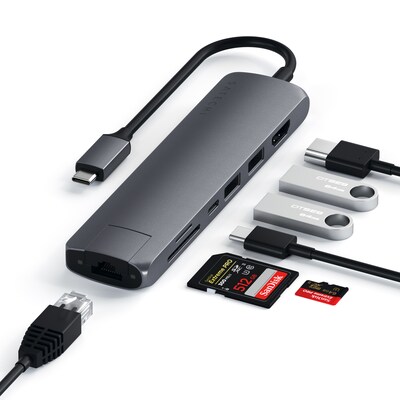 in Adapter günstig Kaufen-Satechi Type-C Multi-Port Hub 4K Ethernet Slim Space Gray. Satechi Type-C Multi-Port Hub 4K Ethernet Slim Space Gray <![CDATA[• USB-C Multi-Port Adapter mit sieben verschiedenen Anschlüssen • Kompaktes, hochwertiges Aluminium Gehäuse]]>. 