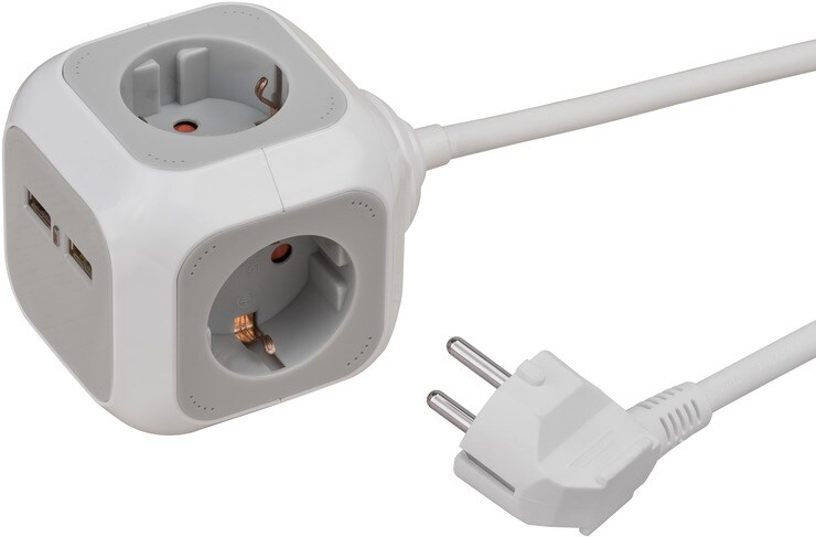 Brennenstuhl Steckdosenw&uuml;rfel 4-fach + 2x USB 2.0 Charger 2100mA 1,4m grau