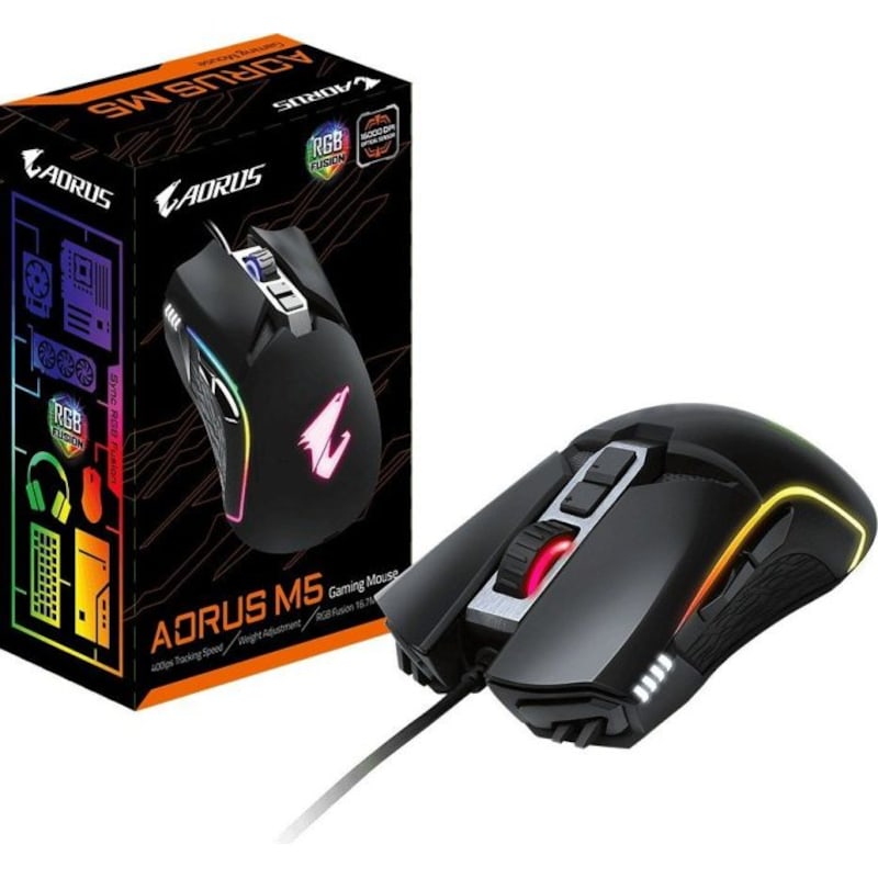Gigabyte Aorus M5 Gaming Maus mit 16000 DPI-Gamingsensor schwarz, RGB Fusion